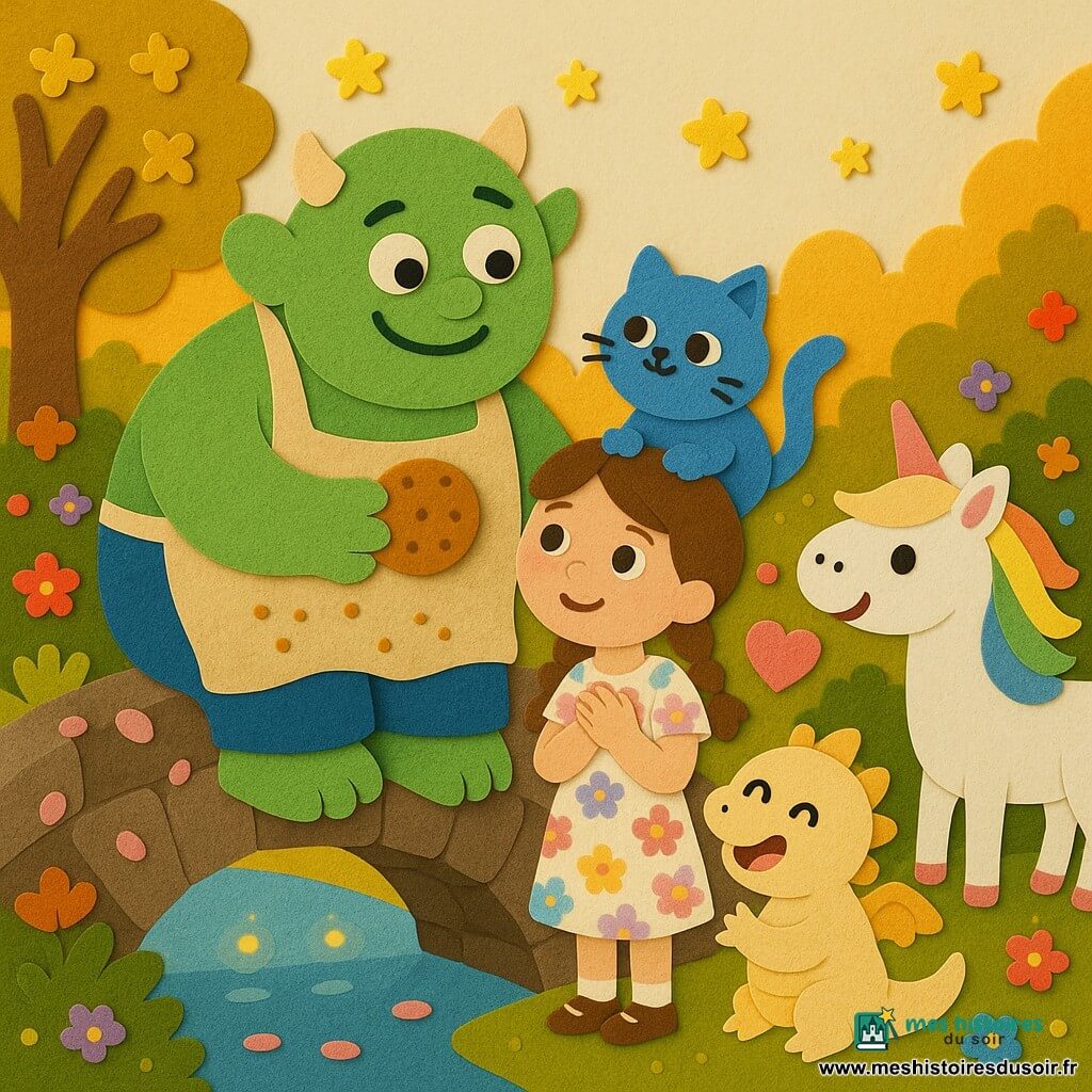 Un ogre rond à la peau vert tendre, sourire timide et tablier mietté, assis sur un vieux pont de pierre couvert de pétales roses, offre un biscuit en comptant des étoiles à Lila, fillette de 7 ans en robe à fleurs et tresses, les mains sur le cœur, tandis que Minou, petit chat bleu duveteux, est blotti sur son épaule et touche le tablier, un petit dragon potelé aux écailles vanille souffle une bulle en forme de cœur derrière le pont et une licorne blanche aux crins arc‑en‑ciel se tient près d’un sentier; la rivière miroir en dessous reflète des lucioles, les arbres ont des feuilles dorées et la scène, baignée d’une lumière chaude, évoque le partage et la douceur avec des couleurs vives et textures façon stickers en mousse EVA.