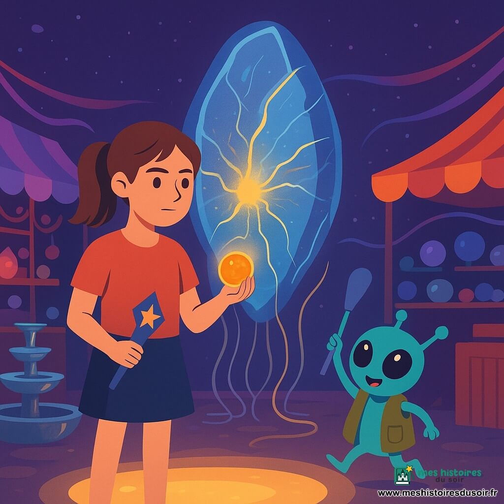 Lina, 12 ans, visage rond, cheveux châtain en queue de cheval, regard curieux, tient un petit galet orange brillant dans une main et un marque-page étoilé dans l'autre, debout sur une dalle lumineuse au centre d’un marché extraterrestre nocturne. À sa droite, Zib, petit extraterrestre bleu-vert aux grands yeux noirs et gilet trop grand, saute d’excitation en brandissant une spatule, tandis qu’au fond se dresse le Noyau de Chant, une coque de cristal en forme d’oreille fissurée irradiant vagues de lumière bleue et dorée. Lina vient d’activer la Note-Gardienne, une pastille translucide lumineuse entre le galet et le noyau : la lumière se propage en ondes et les lampes des stands colorés s’allument, éveillant l’atmosphère magique du marché.