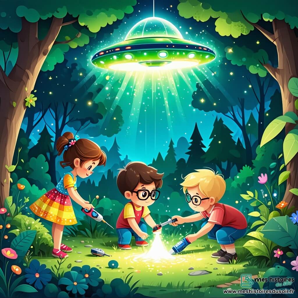 Dans un jardin verdoyant, trois enfants se rassemblent autour d'une soucoupe volante scintillante. Léa, une fille de neuf ans aux cheveux bruns et bouclés, admire l'extraterrestre. Max, également âgé de neuf ans, est concentré sur le moteur de la soucoupe avec un tournevis à la main. Sam, le troisième enfant, sourit en tenant un cristal brillant. Le jardin est rempli de fleurs colorées, et la soucoupe, avec ses lumières clignotantes, brille sous le soleil. Les enfants aident Zog, un extraterrestre vert souriant, à réparer son vaisseau spatial, créant une ambiance d'aventure et de camaraderie.
