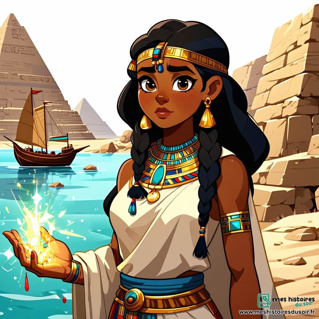 Nouria, une jeune femme aux yeux d’ébène et aux cheveux noirs tressés, se tient au bord du Nil, son visage marqué par l’inquiétude et la détermination. Elle porte une tunique en lin beige ornée de motifs dorés et tient une amulette scintillante. À ses côtés, la grande prêtresse Iset, âgée d’environ cinquante ans, l'observe gravement, vêtue d'une robe longue bleu nuit et tenant un bâton orné de hiéroglyphes. Le décor de la rive du Nil est agrémenté de palmiers et de pyramides majestueuses. Nouria se prépare à plonger dans l'aventure pour comprendre les perturbations du Nil et retrouver le Sphinx des Sables, gardien d’un pouvoir ancien.