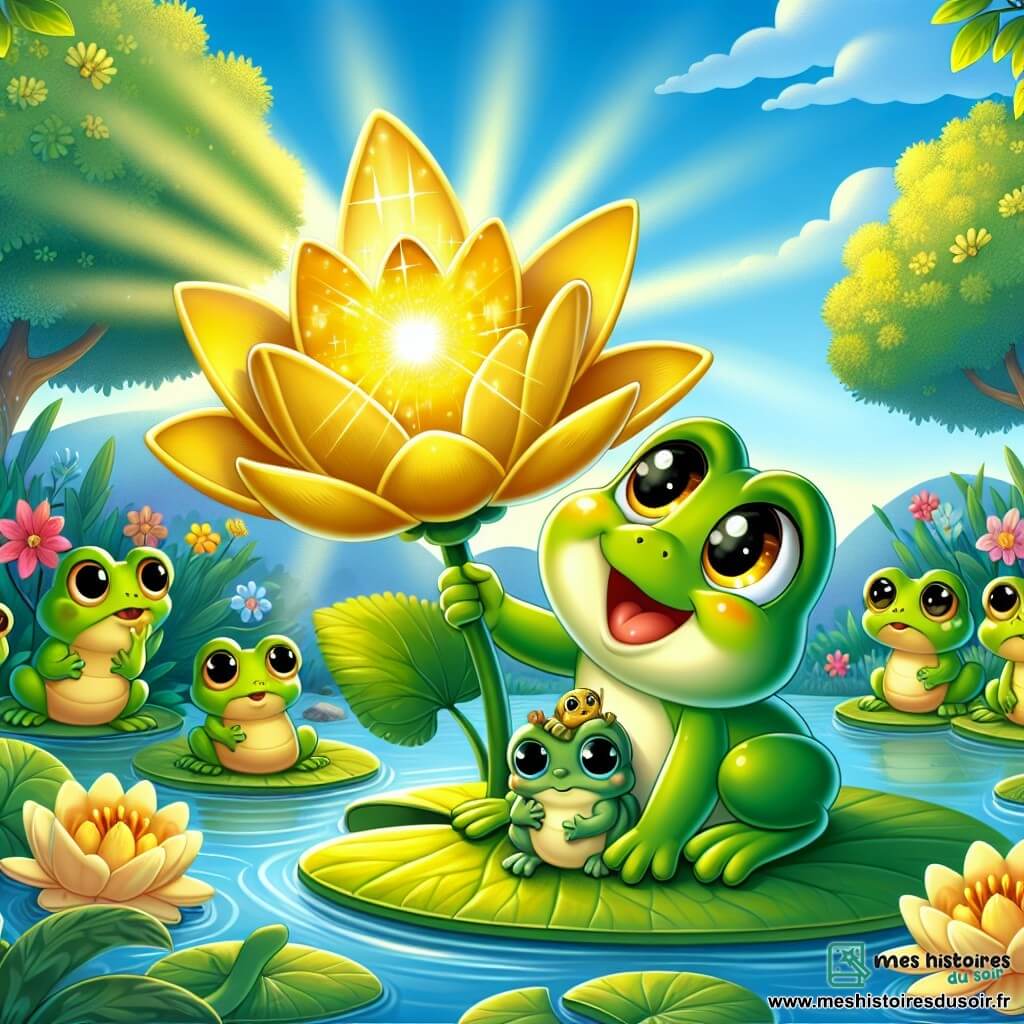 Une petite grenouille verte nommée Fripouille, avec de grands yeux brillants et un sourire joyeux, saute autour d'une fleur dorée qui scintille sous le soleil. La fleur, aux pétales éclatants, semble lui parler amicalement. En arrière-plan, d'autres grenouilles de différentes tailles l'observent, assises sur des feuilles de nénuphar. Le jardin est rempli de fleurs colorées, de grands arbres et d'un ruisseau qui coule doucement. Fripouille découvre la fleur magique qui lui propose de réaliser son rêve de voler, tandis que ses amis l'observent, intrigués par cette rencontre enchantée.