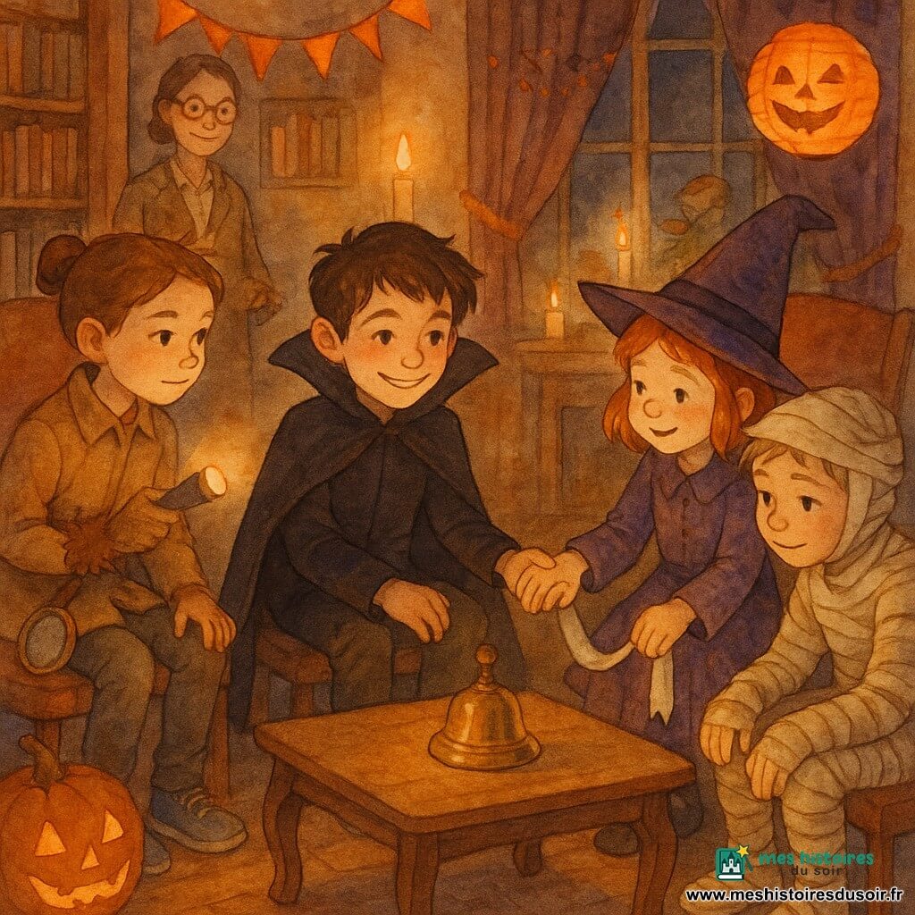 Un salon chaleureux éclairé à la lueur des bougies et d’un lampion orange, parquet ancien et décorations d’Halloween, où des chaises rapprochées forment un cercle autour d’une table basse: un garçon de 12 ans au manteau de vampire noir tient une petite cloche en cuivre en souriant, à sa droite Lina, 8 ans, sorcière en violet, tient sa main et une bandelette de momie, près de la table Hugo, 12 ans, déguisé en momie aux bandelettes défaites, est assis ou à genoux en regardant la cloche, à gauche Zoé, 11 ans, détective au chignon et grande loupe à la ceinture, est attentive, derrière le cercle Yassine, 12 ans, loup‑garou aux fausses mèches et baskets lumineuses éclaire la scène d’une petite lampe de poche, et à l’arrière Madame Roussouille, la bibliothécaire en robe tweed et lunettes rondes, sourit près d’une étagère; ambiance douce, complice et légèrement mystérieuse, palette aquarelle aux tons chauds orange, pourpre et brun.