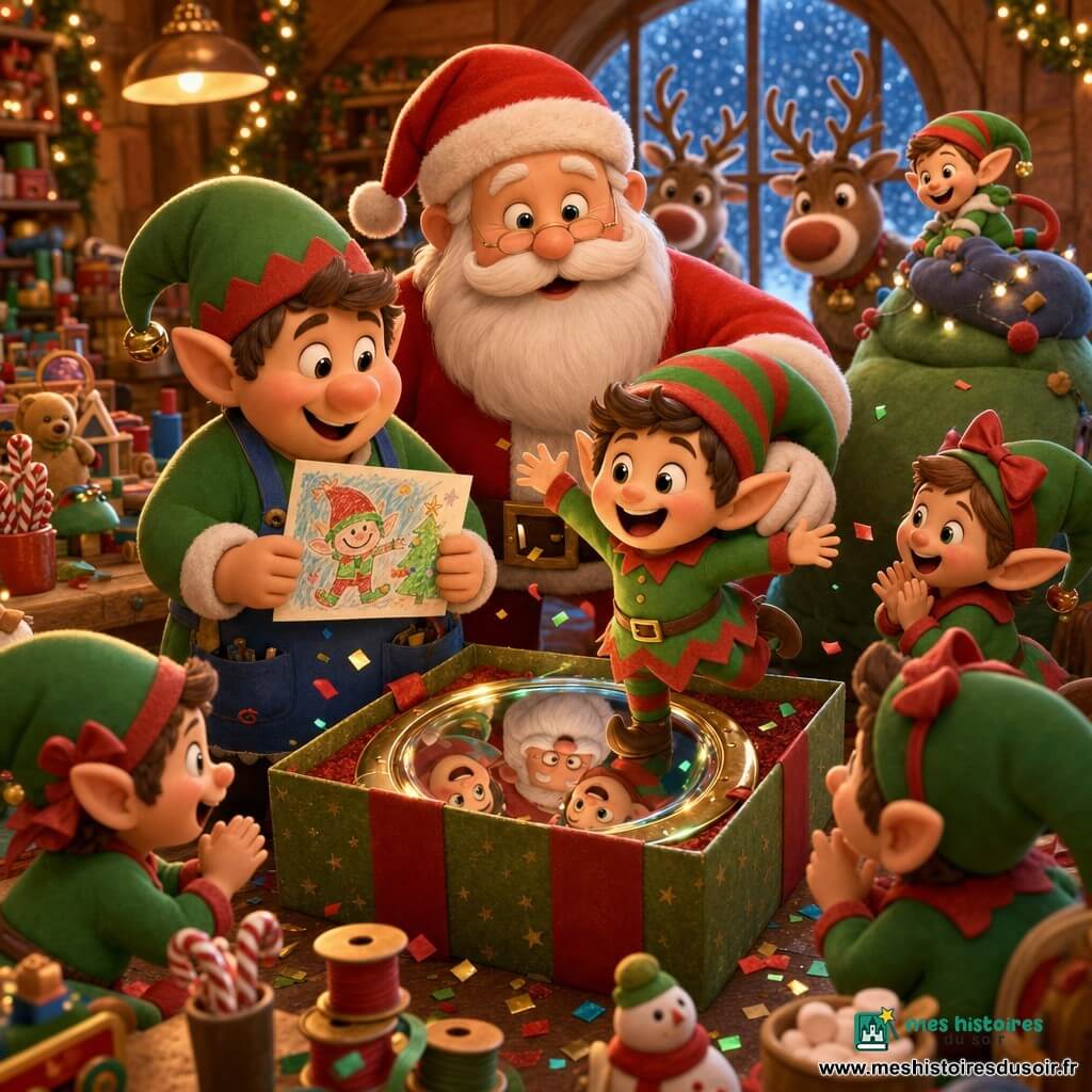 Pipo, petit lutin malicieux en rouge et vert rayé, coiffé d’un chapeau pointu, tient une carte colorée devant une grande boîte cadeau d’où il vient de sauter, confettis autour; à sa gauche le chef-lutin au tablier bleu sourit en tenant la carte, derrière eux le Père Noël rond à moustache blanche pose la main sur l’épaule de Pipo; trois lutins rieurs applaudissent et jouent, deux rennes curieux regardent par la fenêtre; dans l’atelier en bois chaleureux, tables de jouets, rubans, guirlandes et flocons à la vitre, la boîte révèle un grand miroir renvoyant les visages rieurs, ambiance lumineuse et couleurs vives.