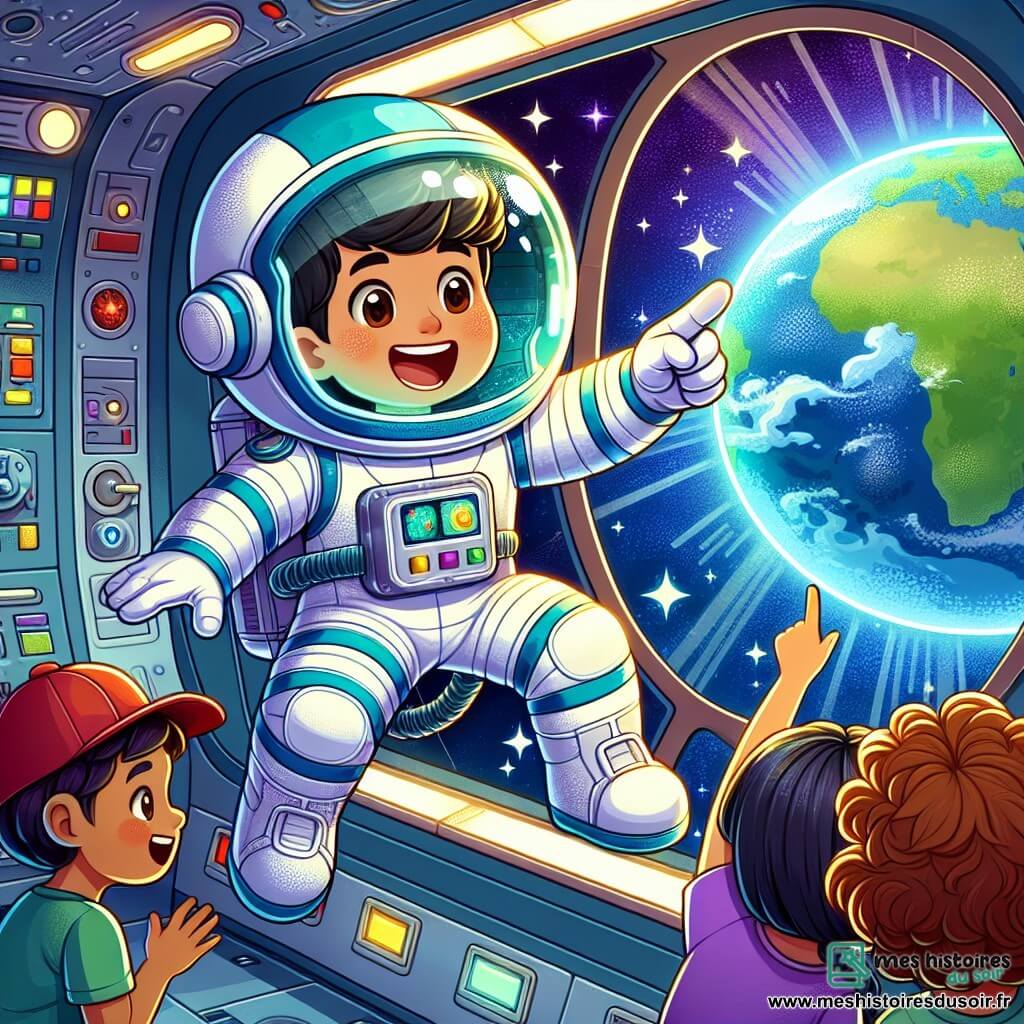 Un astronaute nommé Thomas, souriant et excité, flotte dans son vaisseau spatial. Il porte un costume brillant blanc et bleu, avec un casque transparent. Thomas pointe une grande fenêtre, émerveillé par la vue d'une nouvelle planète colorée. À l'extérieur, des enfants de la Terre, âgés de 8 à 10 ans, regardent avec admiration. Une fille aux cheveux bouclés lève la main pour saluer Thomas, tandis qu'un garçon blond tient un dessin de vaisseau spatial. L'intérieur du vaisseau est rempli de panneaux de contrôle futuristes et d'écrans montrant des étoiles et des galaxies. Thomas partage sa découverte incroyable avec les enfants, qui rêvent d'aventures dans l'espace.
