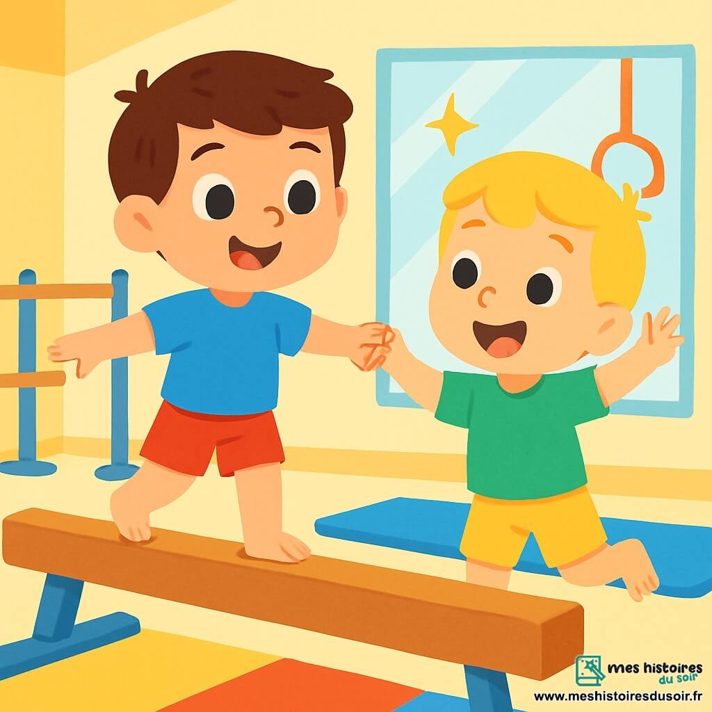 Deux personnages principaux : Lucas, un garçon de 4 ans aux cheveux bruns et yeux pétillants, portant un t-shirt bleu et un short rouge, debout sur une poutre de gymnastique avec un grand sourire. Max, un garçon de 4 ans aux cheveux blonds et yeux clairs, vêtu d'un t-shirt vert et d'un short jaune, est à côté de Lucas, tenant sa main avec enthousiasme, prêt à sauter. La scène se déroule dans une salle de gymnastique spacieuse et lumineuse, avec des tapis colorés et des miroirs. Lucas fait un petit pas sur la poutre avec détermination, tandis que Max l'encourage avec un sourire, créant une atmosphère de joie et d'amitié.