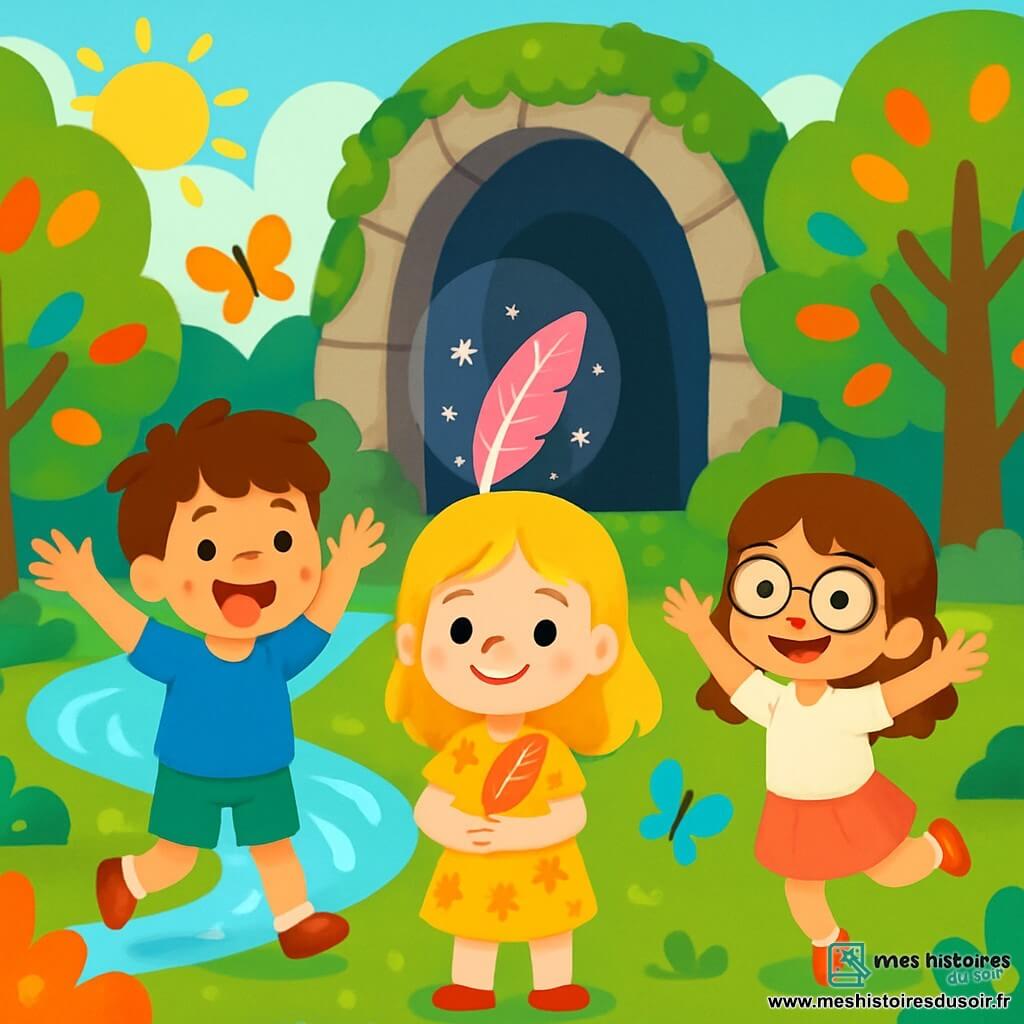 Il y a trois personnages : Léa, une fille de 8 ans aux cheveux blonds, souriante au centre avec une plume magique ; Tom, un garçon de 7 ans aux cheveux bruns, à gauche de Léa, les bras levés de joie ; et Zoé, une fille de 6 ans avec des cheveux châtains et des lunettes, à droite de Léa, sautant avec un grand sourire. Ils se trouvent sur une île magique, entourée d'une rivière argentée scintillante, bordée d'arbres aux feuilles multicolores et de papillons lumineux. En arrière-plan, une grande porte de pierres couvertes de mousse ajoute du mystère. Les trois amis, émerveillés, sont devant la porte magique, prêts à entrer dans la grotte où se trouve le cristal de lumière, affichant courage et excitation dans cet environnement enchanteur.