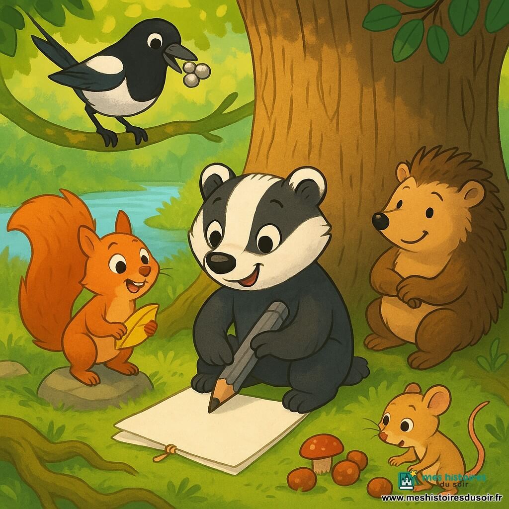 Malo, jeune blaireau rayé noir et blanc aux yeux brillants, accroupi devant un large tronc de chêne, tient une grande feuille attachée et frotte avec un crayon gris, fourrure douce et pattes potelées, posture concentrée; à gauche, Zélie, écureuil roux joyeux à queue touffue, debout sur une pierre et tenant une feuille repliée en regardant Malo; à droite arrière, Hugo, hérisson brun aux piquants arrondis, calme et souriant, observe les pattes croisées; au-dessus, Alix, pie noire et blanche malicieuse, perchée sur une branche basse avec trois petits cailloux scintillants dans le bec; au premier plan à droite, Arno, petit mulot beige, étonné mais reconnaissant, ramasse des noisettes sur la mousse. Lieu : clairière ensoleillée au bord d’une rivière, sol mousseux, racines noueuses, herbes hautes, taches de lumière dorée filtrant à travers un feuillage vert émeraude; tronc texturé avec champignons rouges à sa base. Scène : atelier de frottage d’écorce en plein air, ambiance douce d’aventure, couleurs vives, traits ronds et expressifs, composition centrée sur Malo montrant entraide et excitation.