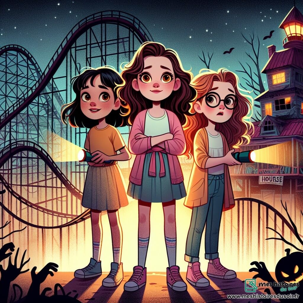 Trois jeunes filles se tiennent au sommet d'un grand huit dans un parc d'attractions abandonné. Céline, 10 ans, regarde une vieille maison hantée avec une lampe torche, tandis que Léa, 11 ans, sourit avec audace, prête à explorer. Manon, 10 ans, semble inquiète en retrait. Le parc est désolé, avec des manèges rouillés et une brume légère qui crée une atmosphère mystérieuse. Les filles, courageuses mais nerveuses, se préparent à entrer dans la maison hantée, où des rires d'enfants résonnent dans l'obscurité, ajoutant à l'ambiance magique et troublante.