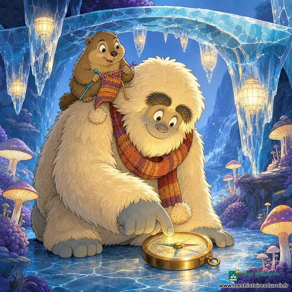 Un yéti doux et émerveillé sous un pont de glace, fourrure crème épaisse, gros sourcils, grosses pattes, portant une écharpe rayée aux tons chauds avec pompons nuage, touche une boussole ronde en cuivre doré au verre embué et à l'aiguille qui tourne, émettant une lueur dorée sur son visage; une marmotte joyeuse et brune tricote sur son épaule en regardant la boussole; stalactites-lanternes, neige scintillante en flocons, sol de glace bleue veinée avec mousse violette et champignons-parapluie; atmosphère tendre, magique et chaleureuse, couleurs crème, bleu glacier, doré et violet.
