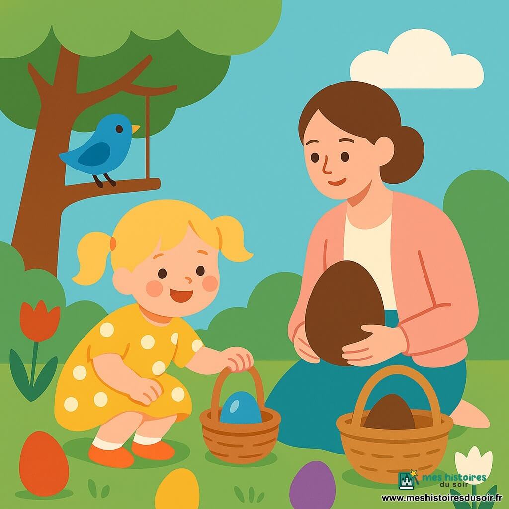 Une fillette de 2 ans aux couettes blondes sourit, porte une robe jaune à pois et un petit panier ; elle est accroupie, émerveillée en ramassant un œuf bleu brillant derrière un buisson vert ; la maman d’environ 30 ans, cheveux châtain attachés et cardigan pastel, est assise à droite sur l’herbe avec un grand panier contenant un œuf en chocolat ; un petit oiseau bleu chante sur une branche à gauche ; jardin lumineux avec pelouse verte, tulipes rouges et blanches, grand arbre à écorce brune et balançoire, et plusieurs œufs colorés (rouge, jaune, vert, violet) cachés parmi les fleurs et sous un buisson, ambiance douce et palette pastel.