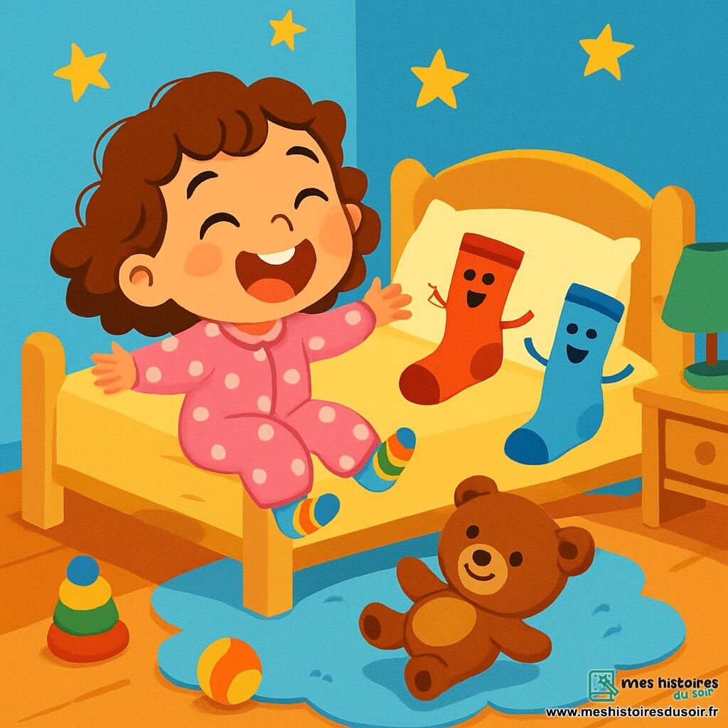 Une petite fille de 2 ans, avec de grands yeux brillants et des cheveux bouclés, rit aux éclats sur son lit. Elle porte un pyjama rose à pois et des chaussettes colorées. À côté d'elle, deux chaussettes, l'une rouge et l'autre bleue, sautent joyeusement. Un doudou en forme d'ours roule sur le sol. La chambre est colorée, avec des murs bleu clair et des étoiles dorées au plafond. Un tapis en forme de nuage est au sol, et des jouets sont éparpillés. La petite fille danse avec ses amis, dans une ambiance joyeuse, prête pour une nuit de rêves enchantés.