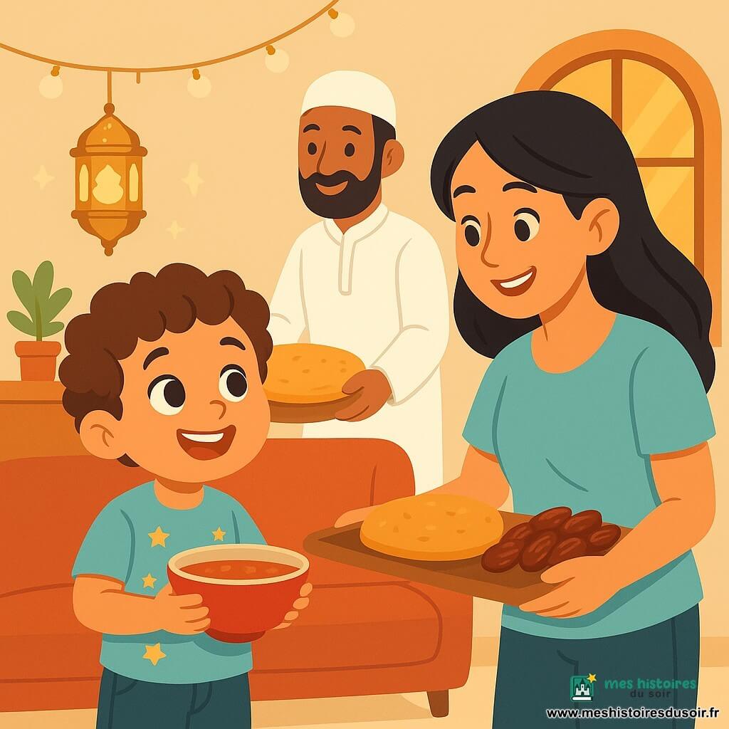 Sami, un petit garçon de 4 ans aux cheveux bruns et bouclés, sourit en tenant un bol de soupe rouge. Il porte un t-shirt bleu clair et un short en jean. Sa maman, une femme d'une trentaine d'années aux cheveux longs et noirs, prépare un plateau avec des dattes et du pain doré, fière de son fils. Monsieur Karim, un voisin d'environ 40 ans avec une barbe soignée et un chapeau traditionnel, ajoute un grand pain rond sur la table. La scène se déroule dans un salon chaleureux aux murs crème, avec des décorations lumineuses et une lanterne projetant des étoiles. Sami et sa maman partagent un moment de joie et de solidarité avec leurs voisins pour célébrer le Ramadan.