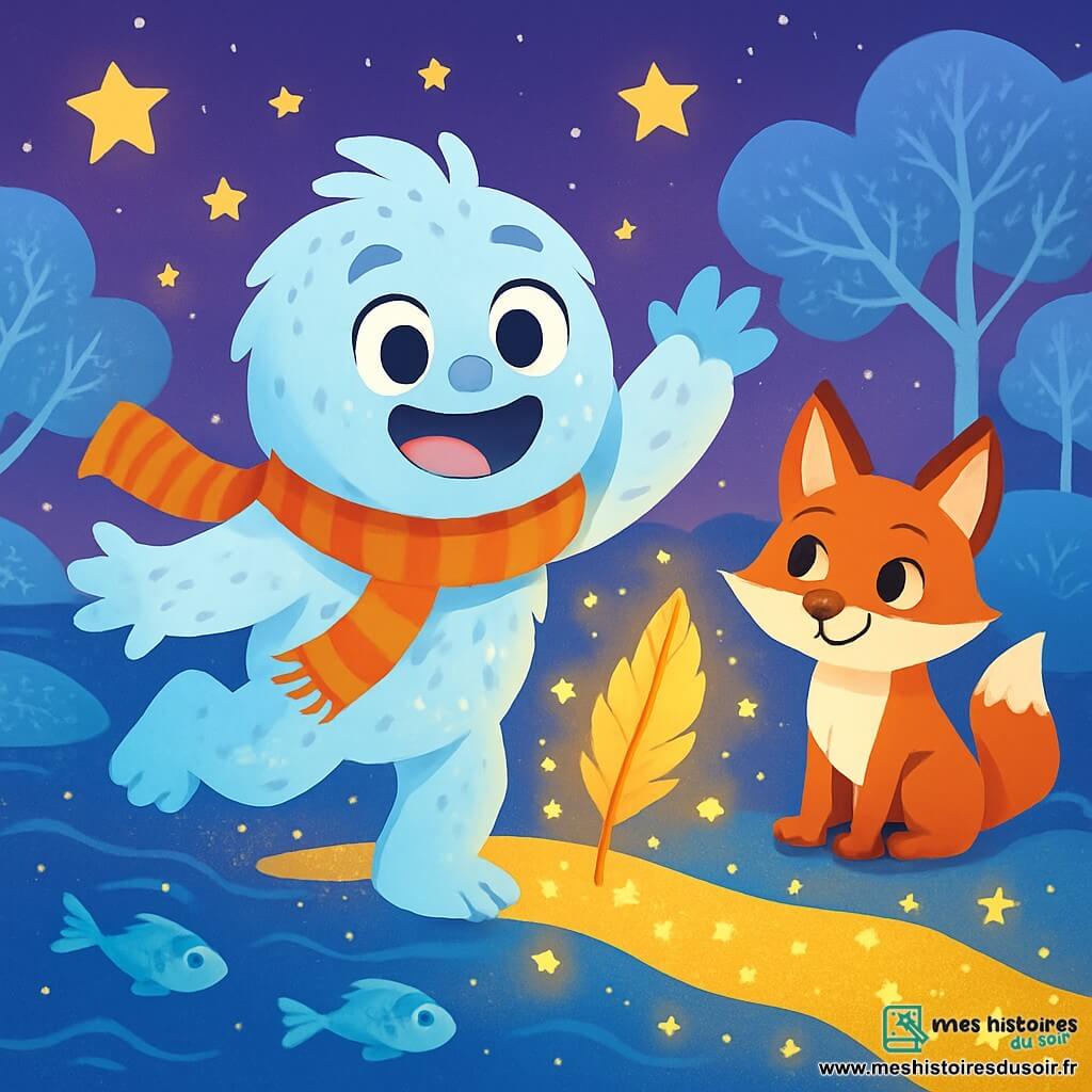 Un yéti bleu pâle aux poils doux et tachetés de silver danse joyeusement sur un océan d’étoiles. Ses grands yeux brillent d’excitation et il porte une écharpe flottante. À ses côtés, un esprit de la forêt sous la forme d'un renard observe avec un sourire malicieux. Le décor est un archipel magique avec un ciel violet, des arbres chantants et des poissons-lucioles illuminant l'eau. Le yéti et l’esprit découvrent une plume de phénix brillante, entourés de lucioles dansantes sur un chemin doré symbolisant l’amitié et l’aventure.