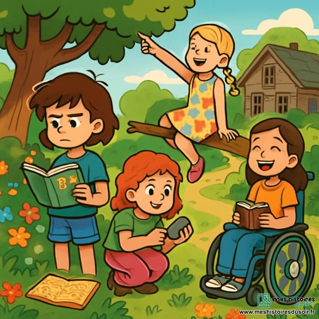 Quatre enfants sont présents : Léa, une fille de 10 ans aux cheveux bruns en bataille, tient un cahier de mathématiques et un crayon. Clara, 9 ans, avec des cheveux blonds tressés, est perchée sur une branche, souriant et pointant vers le ciel. Sophie, 10 ans, aux boucles rousses, examine une pierre avec curiosité. Emma, 11 ans, aux cheveux châtains, est assise dans une chaise roulante décorée de stickers, tenant un petit carnet. L'histoire se déroule dans un jardin ensoleillé, rempli de fleurs colorées et d'arbres, avec une maison abandonnée en arrière-plan. Les amis cherchent un trésor caché, riant et s'encourageant, tandis qu'un mystérieux carnet est posé sur l'herbe, promettant des aventures.