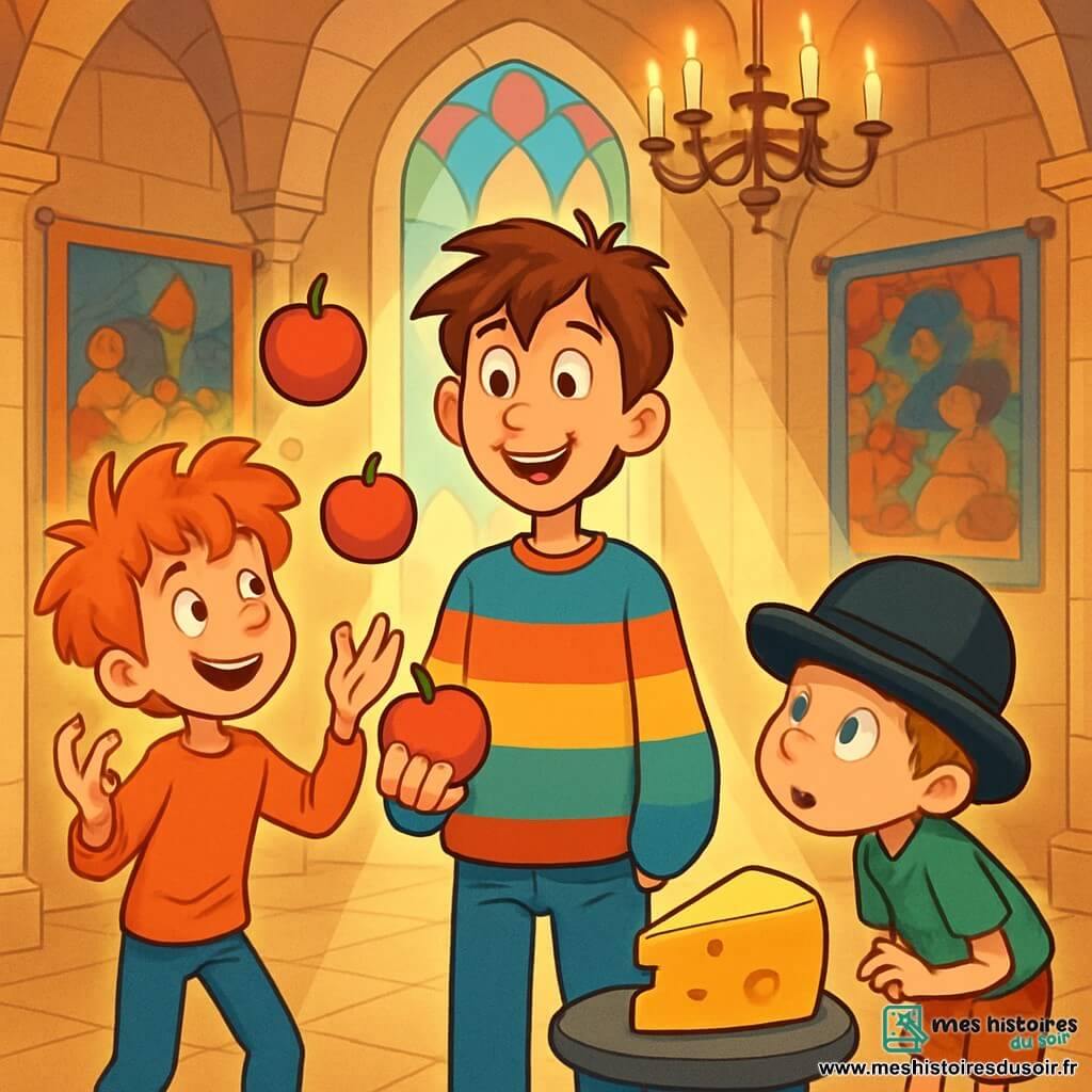 Il y a trois personnages : Arthur, un garçon de 10 ans, grand et mince, avec des cheveux bruns en bataille et un pull large aux couleurs vives, souriant et tenant une pomme ; Léon, un garçon de 9 ans avec des cheveux roux indomptés, jonglant avec des pommes flottantes à gauche d'Arthur ; et Max, un garçon de 8 ans, petit et mignon, portant un chapeau melon trop grand, penché à droite d'Arthur avec un regard curieux. L'action se déroule dans la Grande Salle d'un château féerique, décorée de tapisseries colorées et avec un grand fromage doré au centre, illuminé par des rayons de lumière. Les garçons sont émerveillés devant le Grand Fromage qui leur parle, réalisant qu'ils vivent une aventure incroyable, prêts à découvrir le pouvoir de l'amitié et de l'imagination.