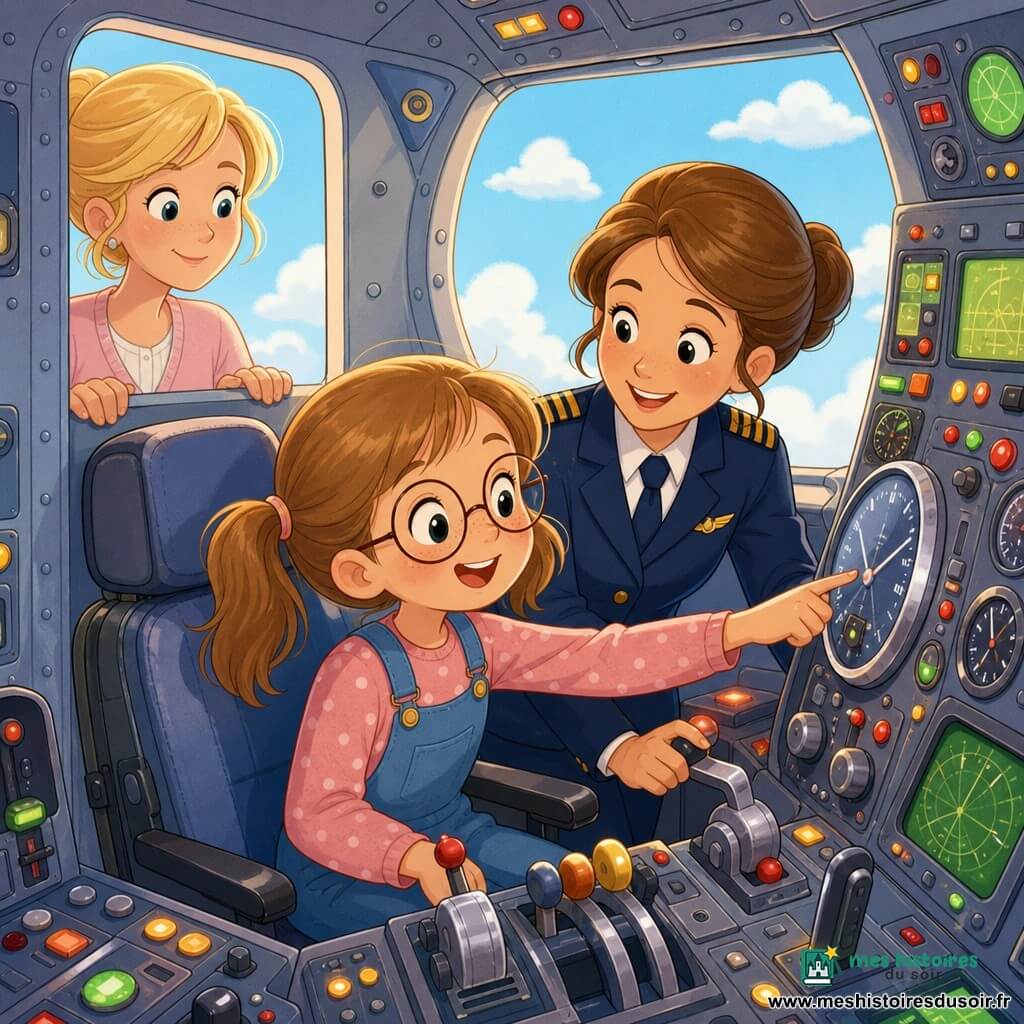Zoé, 6 ans, émerveillée, cheveux châtain clair en couettes et lunettes rondes, touche un grand cadran du poste de pilotage tandis que sa tante Marie, pilote d'une trentaine d'années en uniforme bleu marine à épaulettes dorées, souriante, lui montre un levier; la mère, ~35 ans, cheveux blonds attachés, observe fièrement depuis l'encadrement de la porte, mains sur le rebord; le cockpit, compact, est rempli de boutons colorés, cadrans brillants, écrans verts et leviers métalliques, le hublot laisse voir un ciel bleu parsemé de nuages; scène chaleureuse et pastel, traits ronds et expressions douces, première découverte des commandes sous supervision aimante.