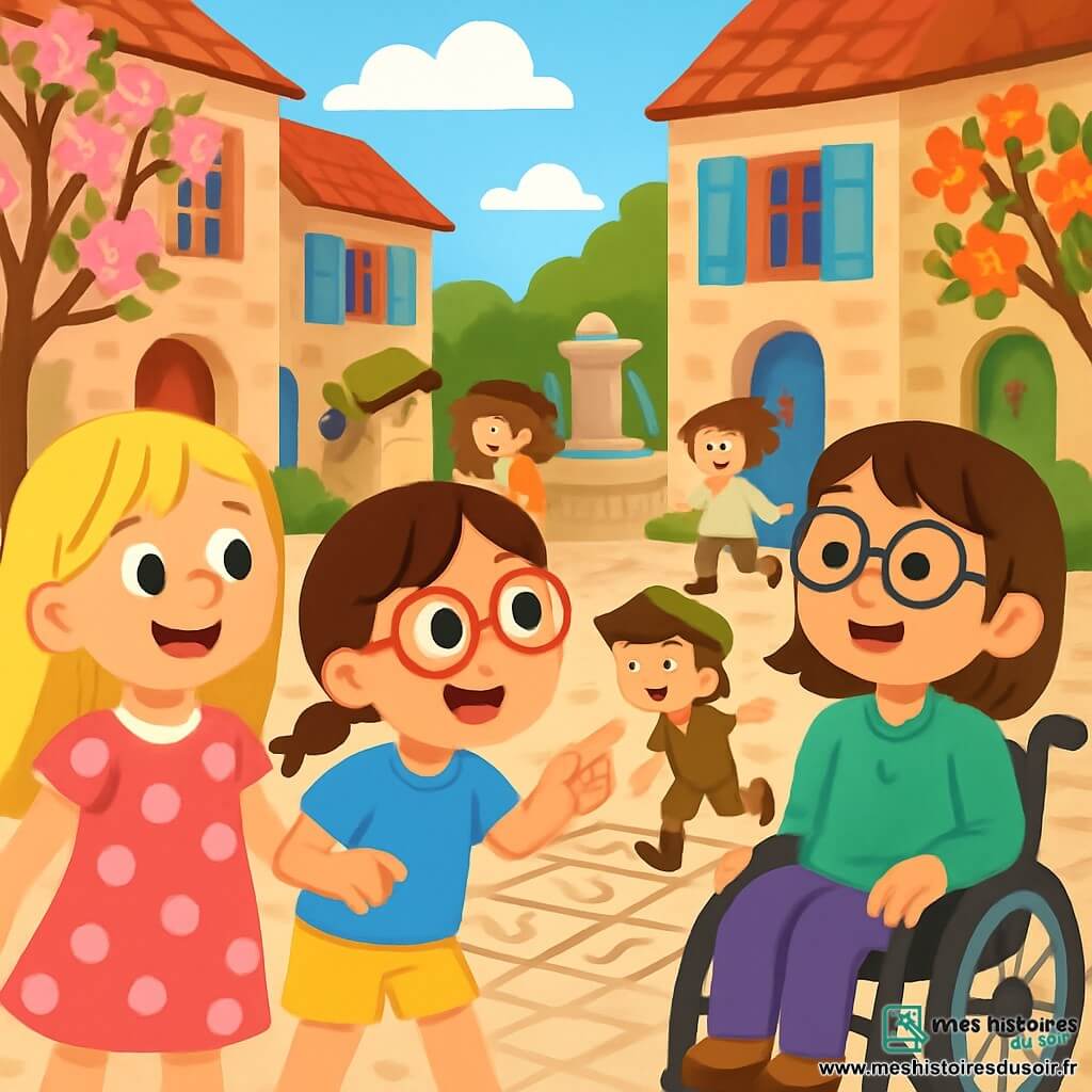 Il y a trois personnages : Lila, une fille de 8 ans avec de longs cheveux blonds et une robe rose à pois blancs, qui sourit et regarde autour d'elle ; Zoé, une fille de 7 ans avec des lunettes rouges et des cheveux bruns en tresses, portant un t-shirt bleu et un short jaune, qui pointe un enfant du passé ; et Emma, une fille de 9 ans en fauteuil roulant, avec des cheveux châtains et des lunettes rondes, habillée d'une blouse verte et d'un pantalon violet, souriante et observant les enfants qui jouent. Elles se trouvent dans une rue ancienne avec des maisons en pierre, des pavés irréguliers et des arbres en fleurs, tandis que des enfants jouent à la marelle autour d'une fontaine en pierre. Les trois filles sont émerveillées par le passé, découvrant la joie des enfants d'autrefois.