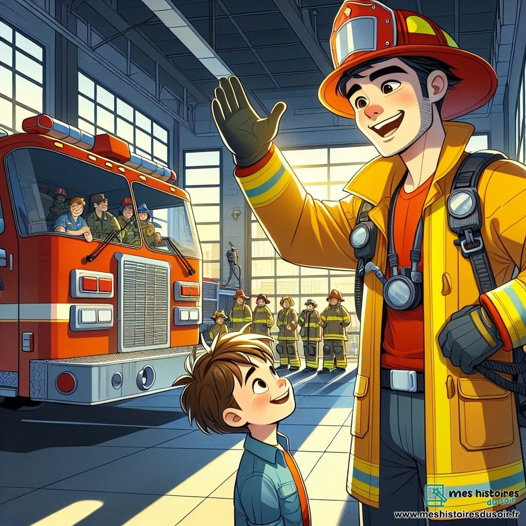 Un pompier nommé Adrien se tient devant un camion rouge brillant, souriant. Il porte une combinaison jaune et rouge, un casque et des gants, reflétant son enthousiasme pour son métier. À ses côtés, Lucas, un garçon de 8 ans aux cheveux en bataille, admire le camion, les bras levés. La scène se déroule dans une caserne de pompiers animée, avec des camions garés et des pompiers en train de s'entraîner. Adrien explique à Lucas les équipements du camion, tandis que d'autres pompiers s'affairent autour d'eux, créant une ambiance dynamique et joyeuse.