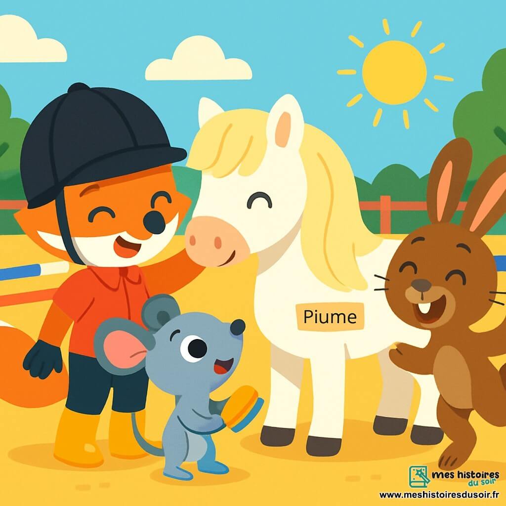 Un petit renard joyeux, au pelage roux éclatant et aux yeux pétillants, porte un casque de cheval et des bottes brillantes. Il caresse son poney blanc nommé Plume, qui a une crinière soyeuse et des yeux doux, tout en souriant. À côté, Lili la souris, avec son pelage gris et ses grandes oreilles, admire la scène avec une petite brosse pour poney. Gabin le lapin, au pelage brun, saute joyeusement autour d'eux, plein d'énergie. La scène se déroule dans un club d’équitation ensoleillé, avec une carrière de sable doré et des arbres verdoyants en arrière-plan. Petit Renard et ses amis s’entraînent ensemble, partageant rires et joie, illustrant l’esprit d’équipe et l’amitié dans le sport.