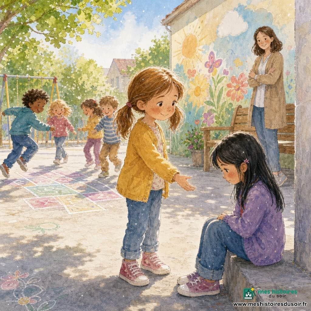Zoé, 6 ans, visage rond, taches de rousseur, cheveux châtain clair en couettes, sourit timidement et tend la main pour inviter; Julie, environ 6 ans, cheveux noirs lisses, timide et un peu triste, est assise seule au bord du préau, regard baissé, prête à accepter; en arrière-plan, un groupe mixte d'enfants (5–7 ans) joue à la marelle, rires et vêtements colorés; la maîtresse (30–40 ans) est souriante et attentive près d'un banc; cour de récréation avec sol en béton clair, dessins à la craie, balançoires, fresque murale et arbres; moment chaleureux de début d'après‑midi, lumière douce, ambiance d'inclusion.