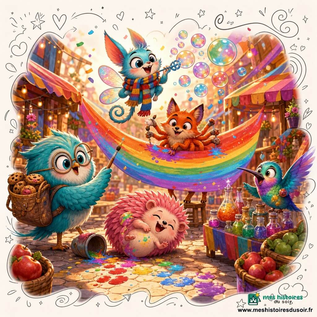 Nolio, petite créature aux ailes rondes, queue en tire-bouchon et écharpe rayée, souffle des bulles multicolores au-dessus d’une banderole vivante ; Mima, chouette turquoise aux lunettes et sac à dos de biscuits, tient un pinceau à gauche ; Boum, gros hérisson rose adorable, rit près d’un seau de peinture en laissant des traces colorées ; Ziti, renard orange à huit pattes, applique de la peinture derrière la banderole ; Madame Tasse-Teinte, petit colibri aux plumes irisées, s’affaire près d’un étal de teintures ; le tout dans un marché en plein air très coloré aux étals arc-en-ciel, tissus flottants, paniers de pommes et guirlandes lumineuses, fin d’après-midi chaleureuse, ambiance joyeuse et mouvement dynamique centrés sur la banderole qui tourbillonne et laisse tomber des gouttes confettis.