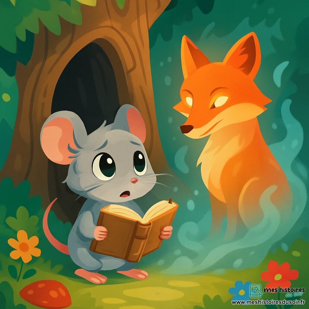 Une petite souris nommée Plume, au pelage gris clair et aux grands yeux curieux, se tient devant un vieux chêne creux, tenant un livre ancien. Elle semble émerveillée et inquiète. À ses côtés, une ombre magique prend la forme d'un renard élégant, Luminor, qui l'observe avec bienveillance. La scène se déroule dans une forêt enchantée, baignée de lumière, avec des fleurs colorées et une brume argentée, créant une atmosphère mystérieuse. Plume s'apprête à lire une histoire à voix haute, encouragée par le regard complice de Luminor.