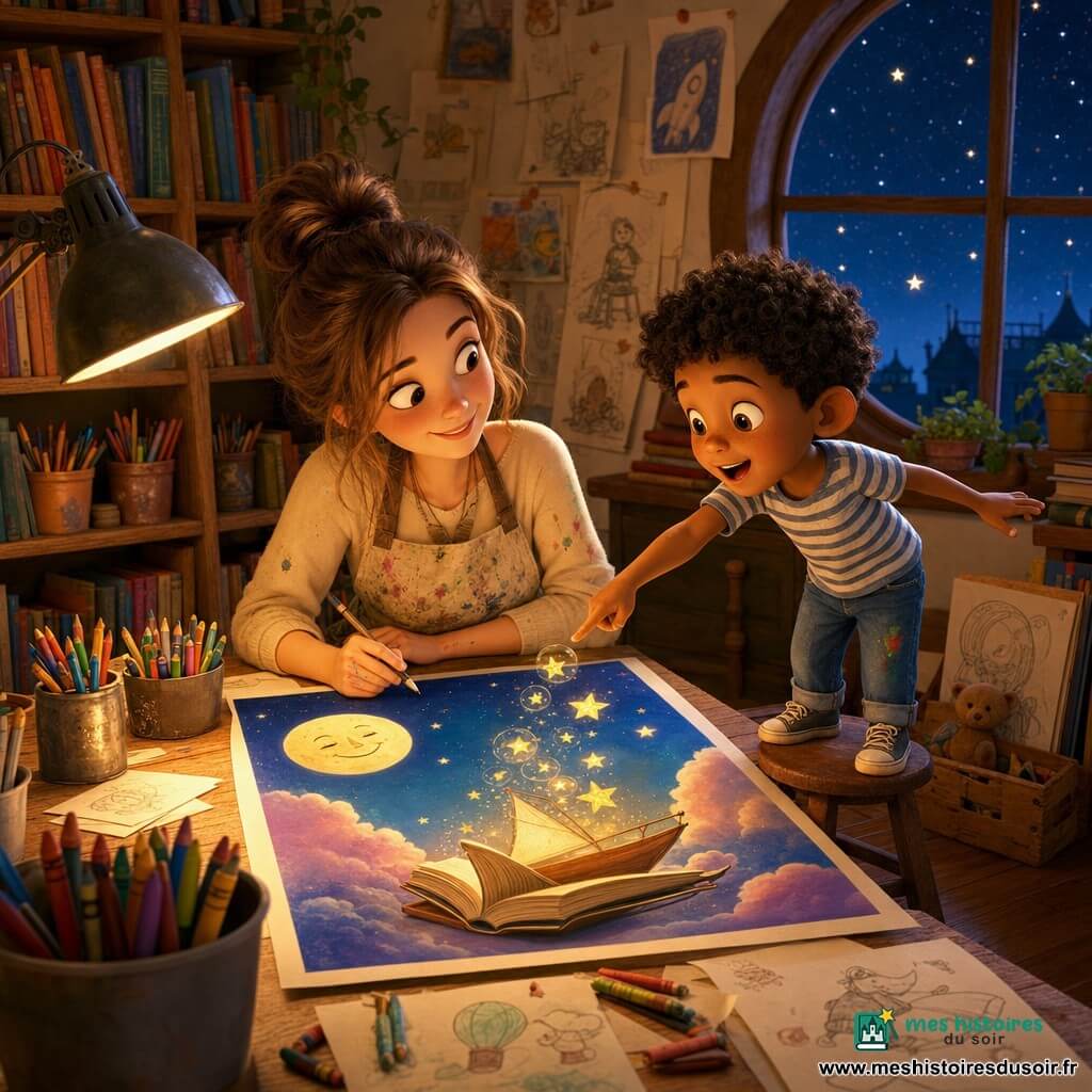 Lina, artiste souriante et concentrée, cheveux châtain en chignon, tablier tacheté, assise à une grande table en bois, tient un crayon pour finaliser une affiche; Noé, garçon d’environ 9 ans aux cheveux courts bouclés et tee-shirt rayé, debout sur un tabouret à gauche, pointe les étoiles sur la feuille, émerveillé. Atelier lumineux avec étagères de livres et pots de crayons, lampe à col de cygne allumée, croquis éparpillés, fenêtre ronde laissant voir un ciel bleu nuit étoilé et sol en parquet chaleureux. Affiche colorée posée sur la table : un livre ouvert devenu bateau flottant, petites étoiles dorées s’échappant en bulles lumineuses vers le haut et une lune souriante; couleurs bleu nuit, jaune doré et pastels, textures papier visibles, composition équilibrée laissant de l’espace pour le titre « Lecture sous les étoiles ».