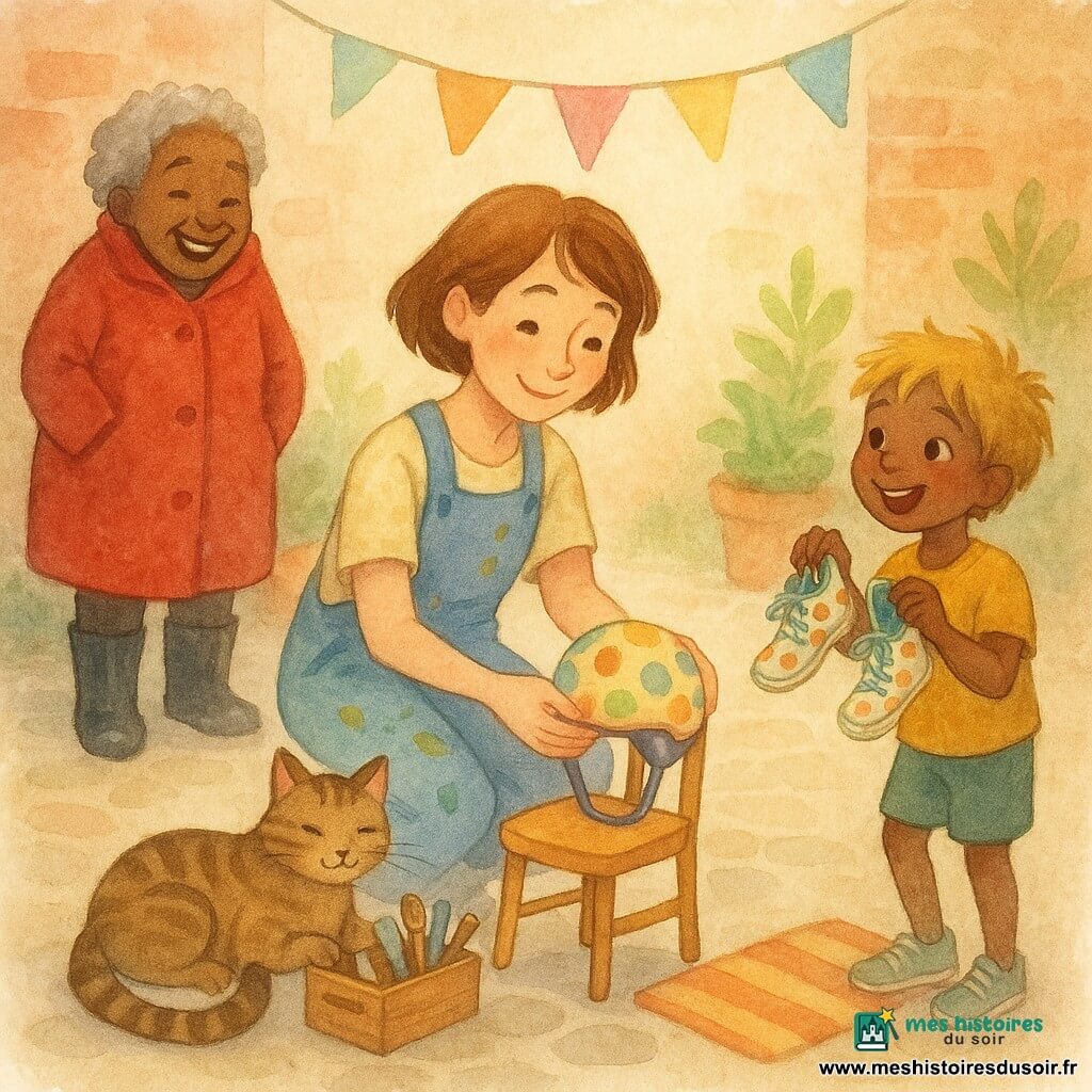 Zoé, jeune femme souriante et espiègle aux cheveux châtains courts, porte une salopette bleue tachée de peinture et tient délicatement un petit casque coloré posé sur une chaise; Moka, chat brun tigré, est allongé à côté, curieux, la queue enroulée autour d’une boîte à outils; Madame Lino, environ 65 ans, en manteau rouge et bottes noires brillantes, rit en retrait à gauche; un garçon de 7 ans aux cheveux blonds en bataille tient des baskets à pois en regardant Zoé; la cour pavée, entourée de murs en briques et de plantes en pots, affiche une banderole “Fête des Chaussures Courageuses”; ambiance joyeuse, ludique et légèrement farfelue, couleurs et textures aqueuses pastel.