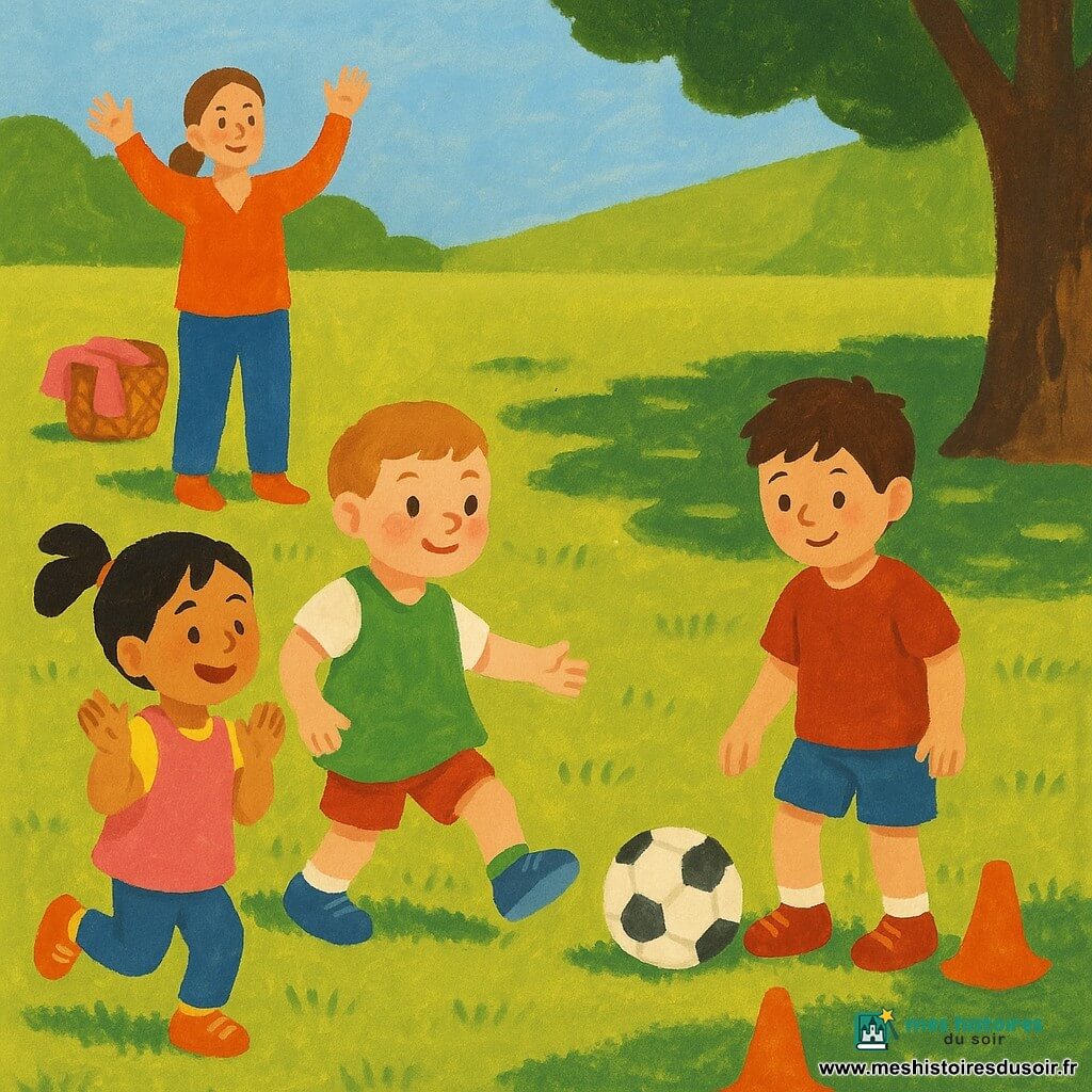 Léo, 4 ans, visage rond, cheveux châtain clair courts, porte une chasuble verte trop grande et des baskets bleues; il fait une passe du pied à Tom, ~5 ans, cheveux bruns en bataille, timide puis souriant, qui pousse le ballon vers un mini-but formé de deux plots orange; Inès, ~4 ans, queue de cheval noire, chasuble rose, applaudit en sautillant à gauche du but; l'entraîneuse Nadia, 30–40 ans, cheveux attachés, sourit et lève les bras en encouragement près d'un panier de chasubles; décor : parc ensoleillé avec pelouse texturée, ombre d'un grand arbre, ballon blanc et noir, lignes de jeu suggérées; scène : petit match amical, passes, soutien et joie collective, style gouache aux traits épais.