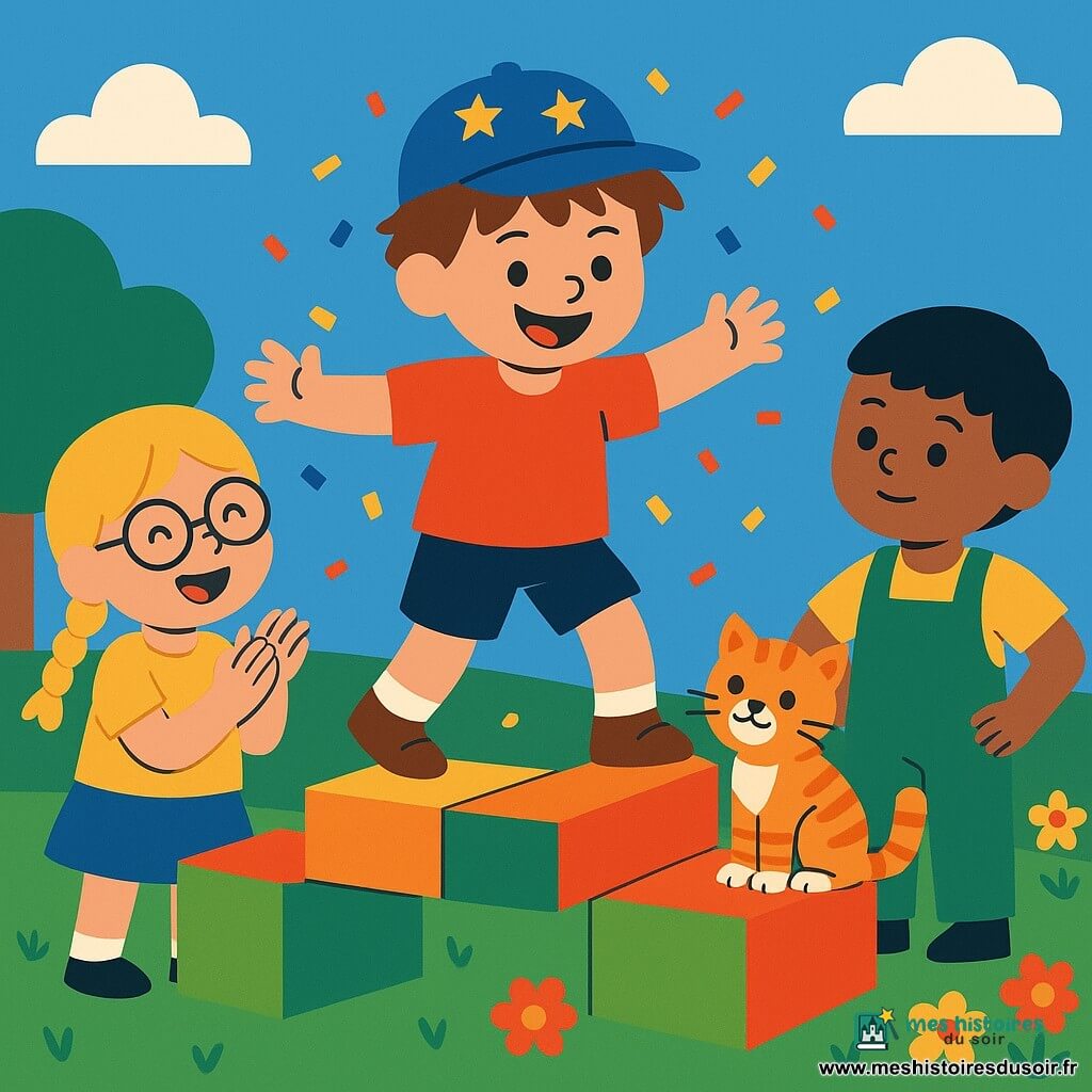 Léo, un garçon de 6 ans avec une casquette à étoiles et un grand sourire, traverse un pont de cartons colorés. Il a les cheveux bruns ébouriffés et porte un t-shirt rouge. Mina, une fille de 6 ans avec des tresses blondes et des lunettes rondes, applaudit joyeusement à côté du pont. Tom, un garçon de 6 ans avec des cheveux noirs et une salopette verte, observe attentivement. Pipo, un chat en peluche rayé orange et blanc, est assis sur le pont entouré de confettis. Le jardin en arrière-plan présente une pelouse verte et des fleurs vives. La scène montre Léo en équilibre sur le pont avec des confettis autour, créant une ambiance joyeuse.