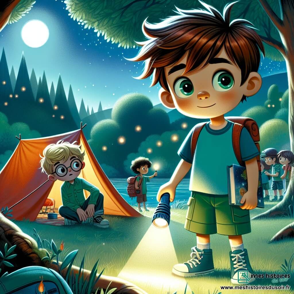 Un garçon de 12 ans, Thomas, se tient au bord d'un campement de tentes, avec une expression curieuse et nerveuse. Il a des cheveux bruns en bataille, des yeux pétillants et porte un t-shirt bleu et un short vert. Il tient une lampe de poche qui éclaire timidement le sol. À côté de lui, son ami Lucas, également 12 ans, a des cheveux blonds et des lunettes rondes. Il sourit à Thomas tout en tenant un livre sur les étoiles. Ils sont près d'une tente colorée, entourés de camarades qui s'installent pour la nuit dans un parc verdoyant, éclairé par la lune et peuplé de lucioles. Thomas, hésitant mais déterminé, est prêt à affronter sa peur du noir, encouragé par ses amis à explorer la nuit étoilée.