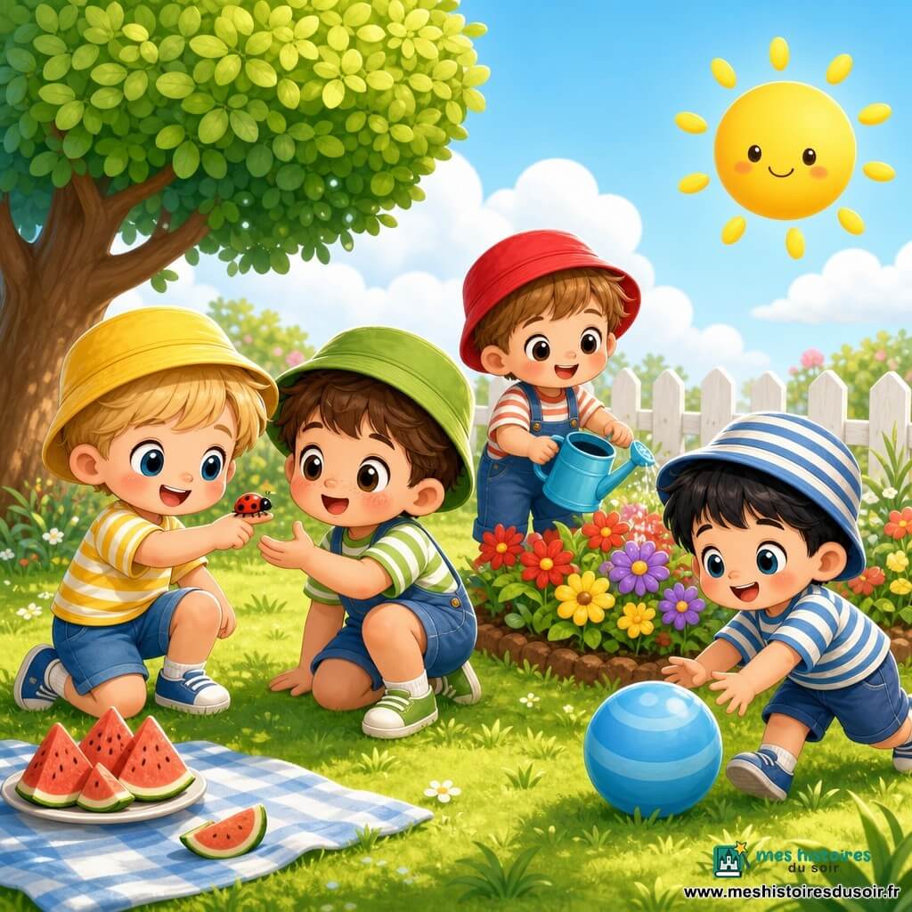 Quatre garçons jouent dans un jardin d'été lumineux sous un grand arbre : Paul, blond, tient une coccinelle sur le doigt à gauche du groupe ; Léo, brun et tacheté, tend la main émerveillé vers la coccinelle ; Simon, châtain, arrose des fleurs colorées avec un petit arrosoir bleu à droite de Paul ; Hugo, cheveux noirs, pousse un ballon bleu à l'avant droit en mouvement ; autour d'eux pelouse verte, parterre de fleurs rouges, jaunes et violettes, petite clôture blanche, ciel bleu avec un soleil souriant et quelques nuages, une couverture avec des parts de pastèque, ambiance joyeuse et douce.