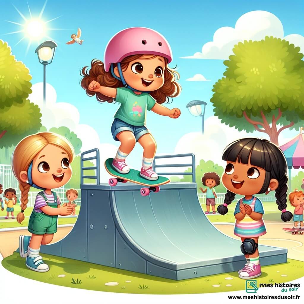 Au premier plan, Mia, une petite fille de trois ans aux cheveux bruns bouclés et au sourire éclatant, saute sur sa planche de skateboard, les bras levés. À sa droite, Lila, avec des cheveux blonds tressés, applaudit en portant un casque rose et une tenue colorée. À gauche, Zoe, aux cheveux noirs et lisses, observe avec admiration, prête à essayer son propre saut. Le parc animé en arrière-plan présente une rampe de skate brillante et des arbres verdoyants, sous un ciel dégagé et ensoleillé. Les trois amies s'entraînent ensemble, riant et s'encourageant, prêtes pour une compétition de skateboard.