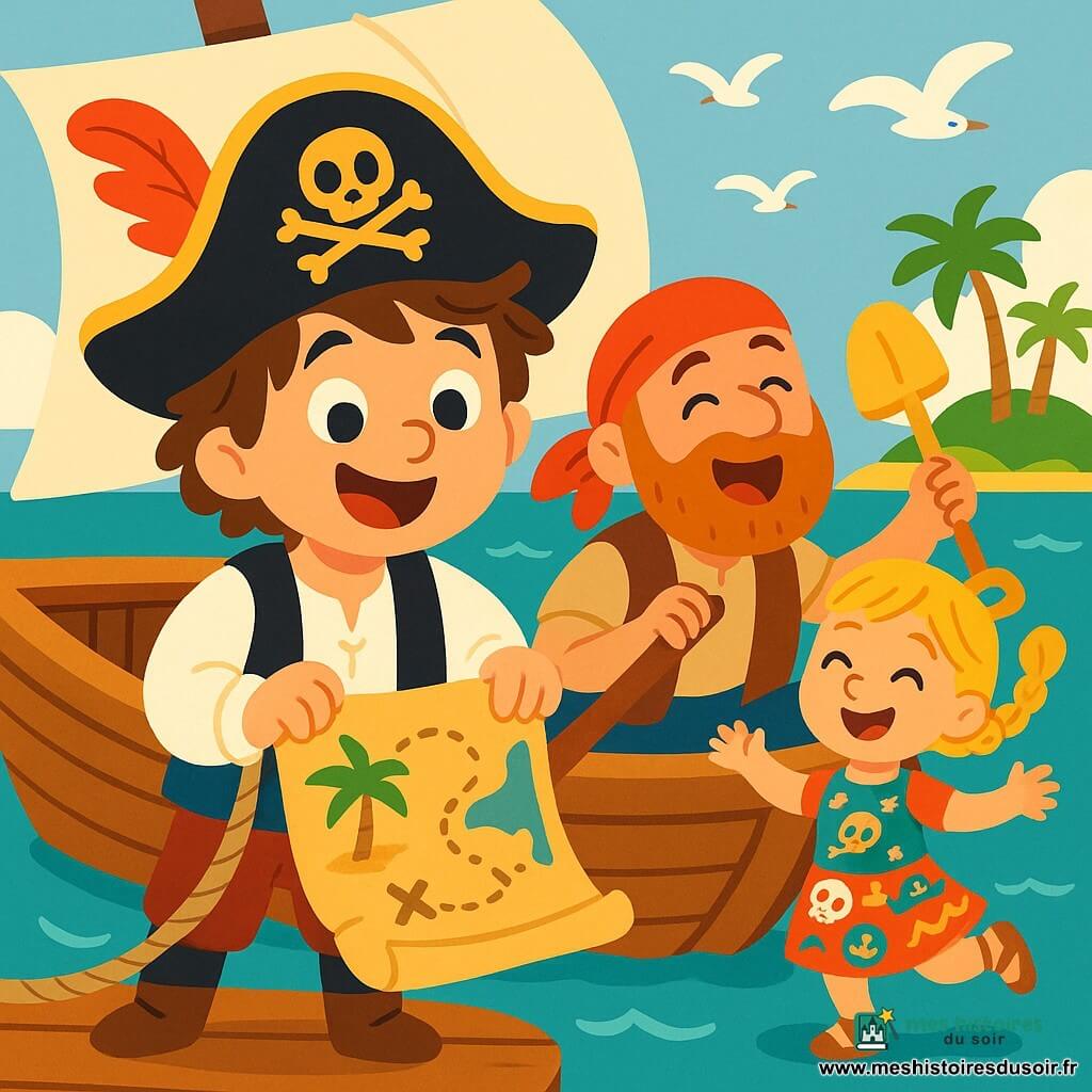 Un jeune pirate aux cheveux bruns et en désordre, souriant, se tient sur le pont d'un bateau en bois. Il porte un chapeau noir avec une plume rouge et une chemise blanche à manches bouffantes. Il tient une corde, les yeux brillants d'excitation. À ses côtés, un marin gai d'environ 30 ans, avec une barbe rousse, chante en ramant. Il est vêtu d'un gilet en cuir et d'un bandana rouge. Derrière eux, une jeune fille de 10 ans aux cheveux blonds tressés danse joyeusement avec une pelle dorée, portant une robe colorée à motifs de pirates. Le bateau navigue sur une mer turquoise, avec des vagues douces et des mouettes. Au loin, une île verdoyante est visible. L'équipage découvre une carte au trésor, souriant et prêt pour une nouvelle aventure.