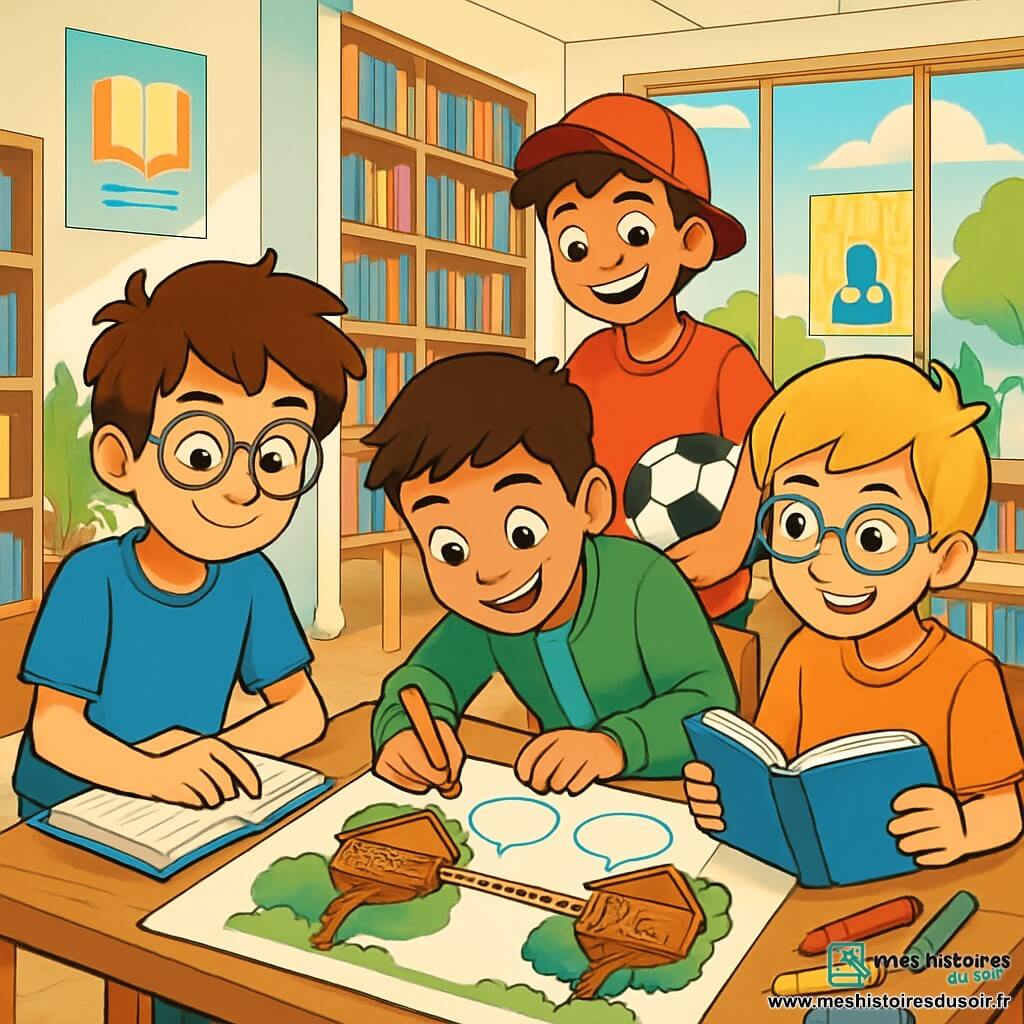 Quatre personnages sont présents : Noah, un garçon de 12 ans aux cheveux bruns en bataille et lunettes rondes, portant un t-shirt bleu et un pantalon beige, assis sur une chaise avec un carnet ouvert et un sourire déterminé ; Milan, également âgé de 12 ans, avec des cheveux noirs et une casquette rouge, debout avec un ballon de foot sous le bras et un regard amical ; Samir, 12 ans, aux cheveux courts et en veste verte, penché sur une table en dessinant avec des feutres colorés, l'air concentré ; et Théo, 12 ans, avec des cheveux blonds et des lunettes carrées, assis à côté de Noah, tenant un livre ouvert avec un sourire curieux. L'action se déroule dans une grande salle lumineuse de médiathèque, avec des murs blancs, des étagères remplies de livres colorés et de grandes fenêtres laissant entrer la lumière. Les enfants travaillent ensemble sur une affiche représentant des cabanes reliées par un pont, entourées de bulles de texte sur la séparation et le sentiment de chez-soi dans deux maisons. L'atmosphère est joyeuse et créative, remplie de rires et de camaraderie.