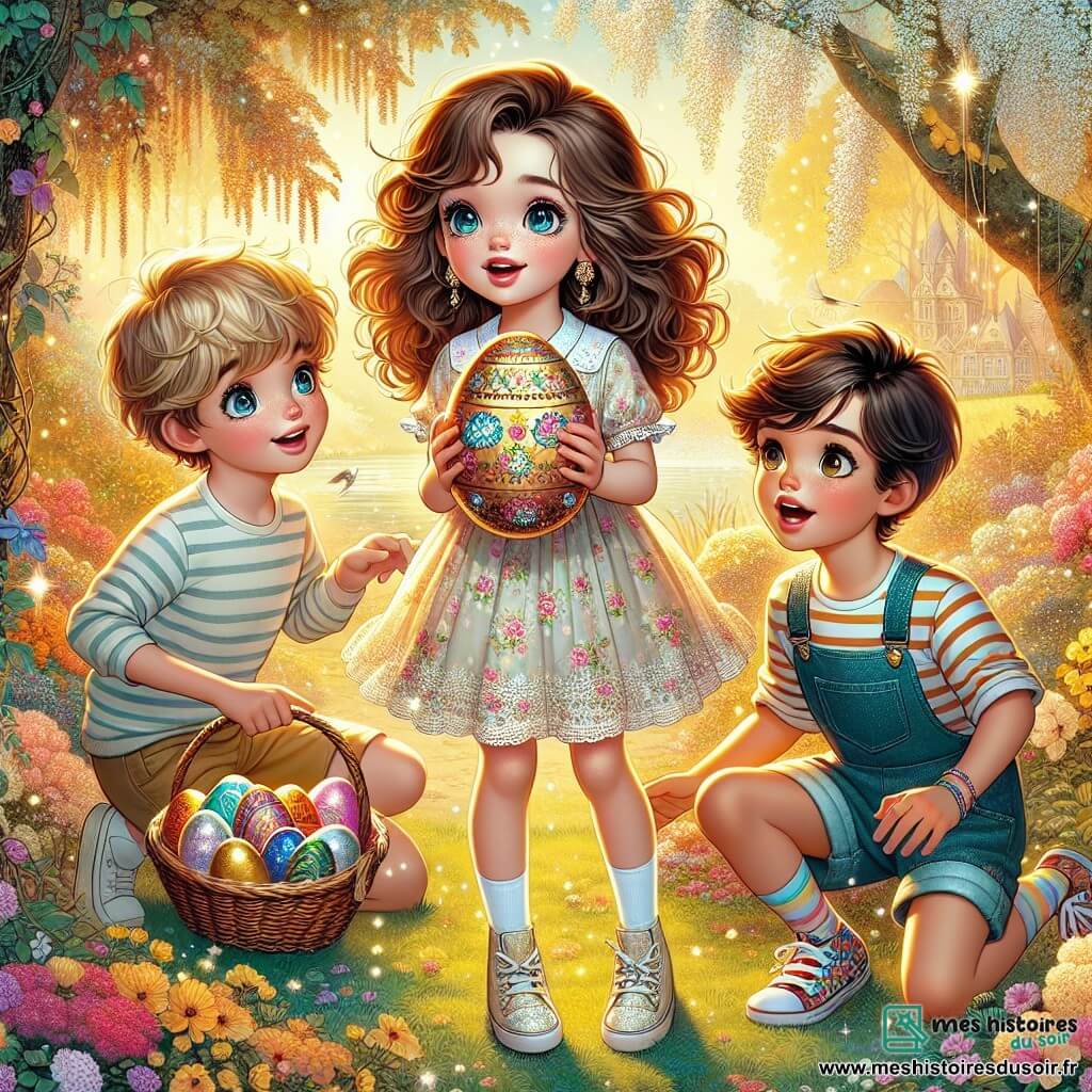 Lila, une fillette de 12 ans aux cheveux bruns et bouclés, se tient au centre de l'image, tenant un œuf brillant décoré de motifs colorés. Elle porte une robe légère à fleurs et un panier en osier rempli d'œufs en chocolat. À côté d'elle, Tom, un garçon de 11 ans aux cheveux blonds, sourit et s'apprête à s'approcher pour voir l'œuf. Clara, une amie de 10 ans avec des cheveux longs, s'accroupit près d'eux, fascinée par l'œuf. Le décor est un jardin fleuri, baigné de lumière dorée, avec une rivière scintillante en arrière-plan. Lila découvre un œuf mystérieux, entourée de ses amis, prêts pour une aventure pleine de surprises.