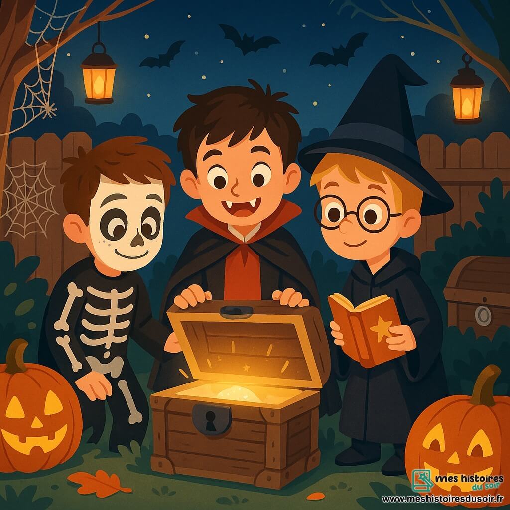 Trois garçons d'environ 10 ans se tiennent dans une cour décorée pour Halloween. Max, aux cheveux bruns en bataille, est déguisé en vampire. Lucas, un blond aux lunettes rondes, est habillé en sorcier avec un livre de sorts. Tom, aux cheveux châtains et aux taches de rousseur, est en squelette avec un maquillage effrayant. La cour est ornée de citrouilles, de toiles d'araignées et de lanternes. Un vieux coffre en bois, partiellement caché, laisse entrevoir un médaillon argenté. Les garçons, excités, s'apprêtent à ouvrir le coffre mystérieux, anticipant une aventure magique.