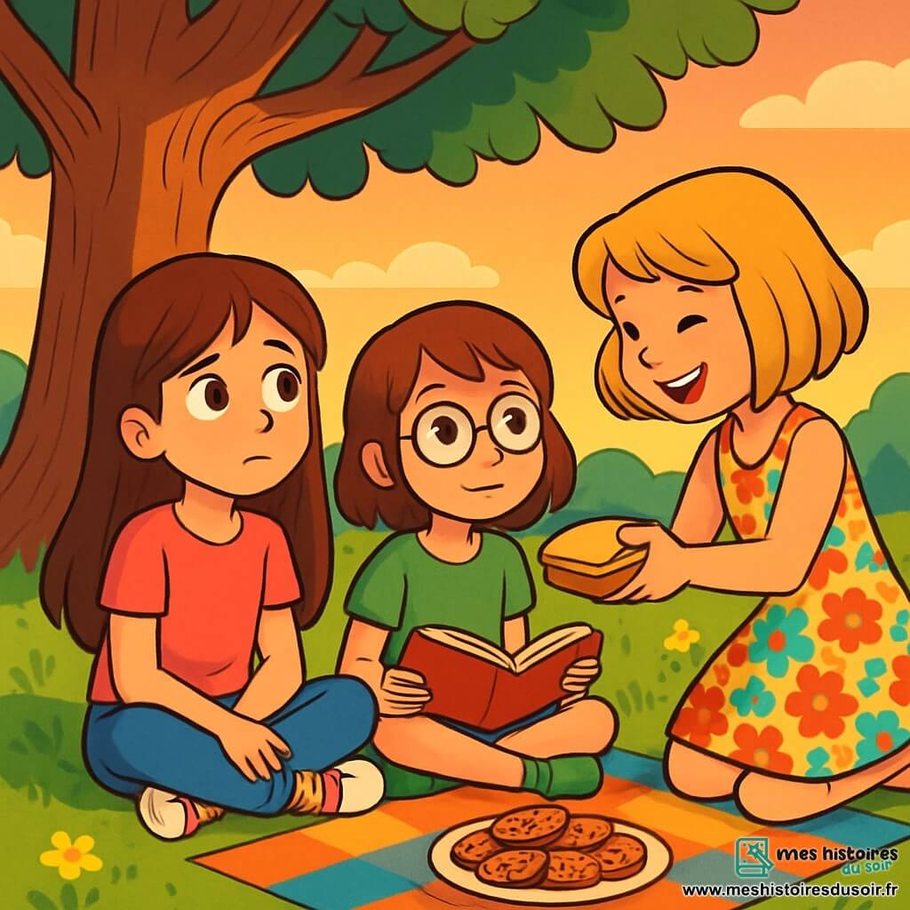 Trois personnages sont présents : Emma, une fille de 12 ans aux longs cheveux bruns et yeux pétillants, assise sur l'herbe en t-shirt rose et jean bleu, avec une expression pensive ; Clara, également âgée de 12 ans, aux cheveux courts et blonds, souriante en robe à fleurs, tenant un sandwich ; et Léa, avec des cheveux châtains et lunettes rondes, en t-shirt vert et short, assise à côté d'Emma avec un livre sur les genoux. Elles se trouvent sous un grand chêne, dans une herbe verte parsemée de fleurs, tandis qu'un coucher de soleil orangé et rose se dessine au loin. Les amies partagent un pique-nique, évoquant des souvenirs et créant une atmosphère d'amitié, avec des biscuits faits maison sur une nappe colorée.