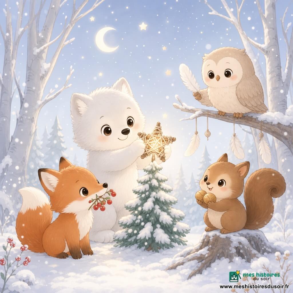 Un petit loup blanc aux yeux brillants pose une étoile de branchages et laine au sommet d’un tout petit sapin; à gauche, un renard roux joyeux tient des baies rouges, à droite un écureuil brun malicieux serre des noisettes dorées, et derrière, un vieux hibou beige offre quelques plumes blanches depuis une branche basse; la clairière enneigée, les arbres argentés, les flocons et la lune créent une atmosphère de Noël intime éclairée par la chaude lueur de l’étoile.