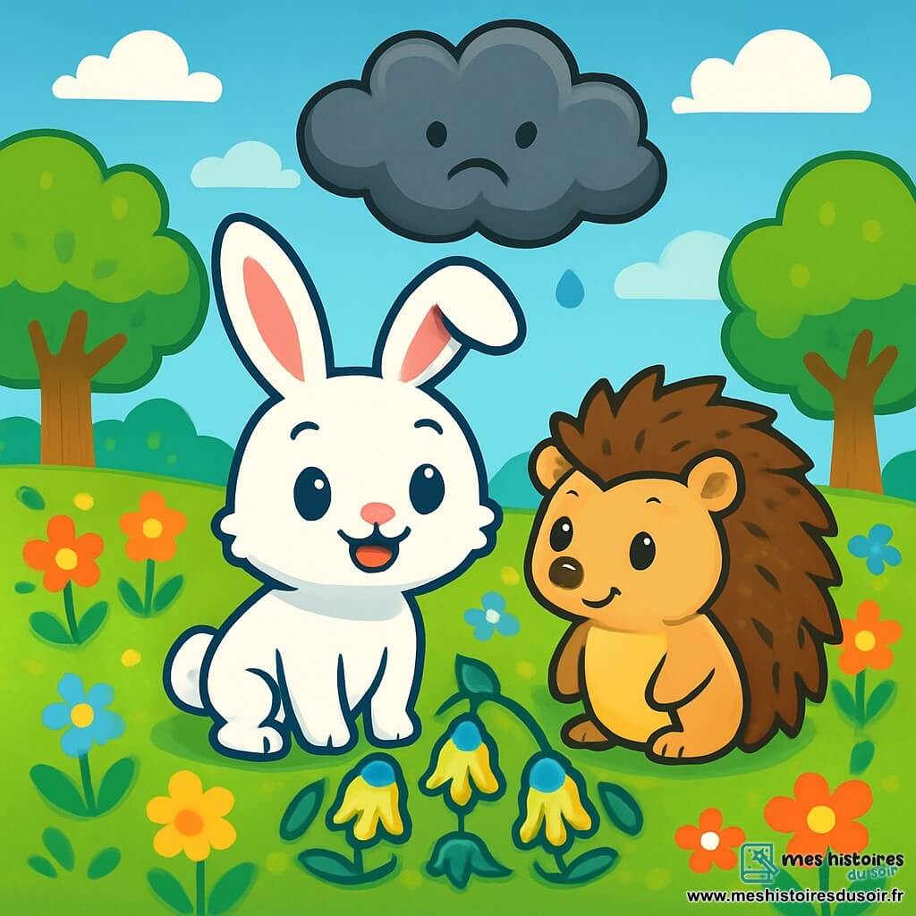 Un petit lapin nommé Choupinet, au pelage doux et brillant, se tient au centre de l'image, ses yeux pétillants de curiosité. Il a de longues oreilles et un sourire joyeux. À ses côtés, Léonard, un hérisson aux piquants bruns et dorés, le regarde avec sagesse. En arrière-plan, un jardin enchanté s'étend, rempli de fleurs colorées, d'arbres majestueux et d'un ciel bleu. Choupinet et Léonard forment un cercle avec des fleurs tristes, tandis qu'un nuage gris flotte au-dessus d'eux, prêt à être dissipé par la magie de l'amitié.