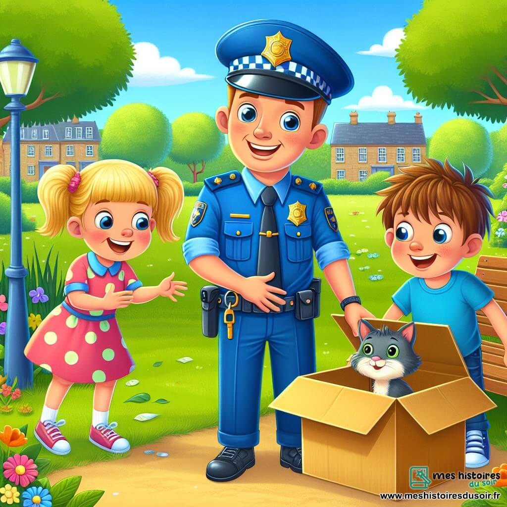 Un policier souriant en uniforme bleu se tient au centre de l'image, tenant un sifflet. À sa droite, Emma, une petite fille de 8 ans avec des cheveux blonds et une robe rose à pois, pointe une boîte en carton avec enthousiasme. À sa gauche, Tom, un garçon de 8 ans aux cheveux bruns, est accroupi et observe la boîte avec surprise. La scène se déroule dans un parc ensoleillé, entouré d'arbres, de fleurs et d'un banc. Le policier, Emma et Tom découvrent le chat gris Minou endormi dans la boîte, dans une ambiance joyeuse et amicale.