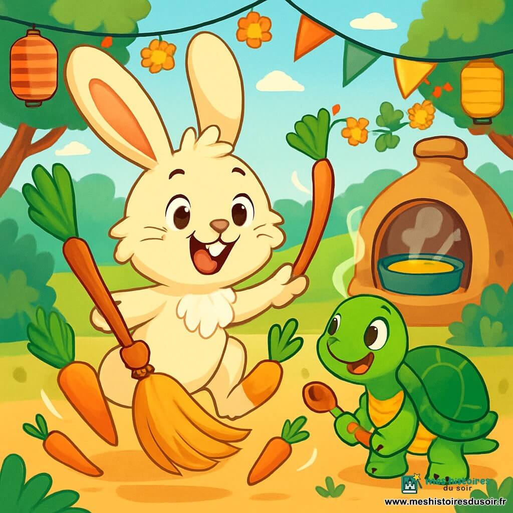 Pompon, un lapin aux grandes oreilles, sourit joyeusement au centre de l'image. Il a un pelage crème et porte des chaussettes moelleuses, tenant une carotte. À sa droite, Capucine, une tortue à la carapace verte, le regarde avec amusement, tenant une petite cuillère en bois. En arrière-plan, une clairière ensoleillée est ornée de lanternes et de guirlandes de fleurs, avec un four en terre dégageant une vapeur délicieuse. Pompon fait danser un balai magique, tandis que des carottes sautent autour, créant une ambiance festive.