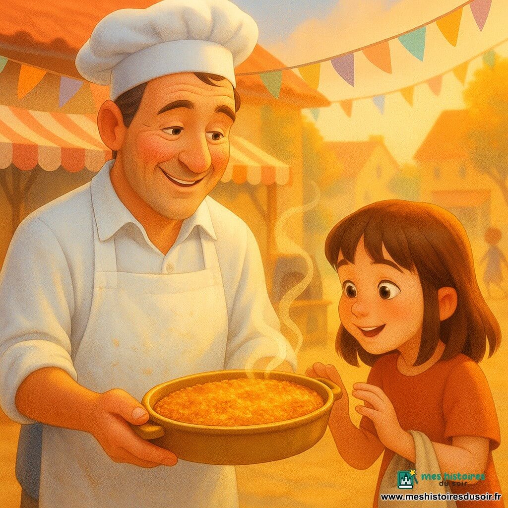 Un chef d'une quarantaine d'années, souriant et bienveillant, visage rond et rides de rire, cheveux bruns grisonnants, tablier blanc légèrement farineux et manches retroussées, présente un gratin doré et fumant à une fillette de 8 ans, Lina, châtain avec une frange, sac en tissu à la main et doigts proches de la vapeur ; en arrière-plan une place de village animée avec stands à nappe rouge et blanche, guirlandes colorées, caisses en bois et enfants qui jouent, lumière chaude du coucher de soleil, palette de tons chauds (ocre, jaune doré, rouge, brun) et accents pastel, plan trois-quarts rapproché, textures nettes et style graphique lisse sans texte ni logos.