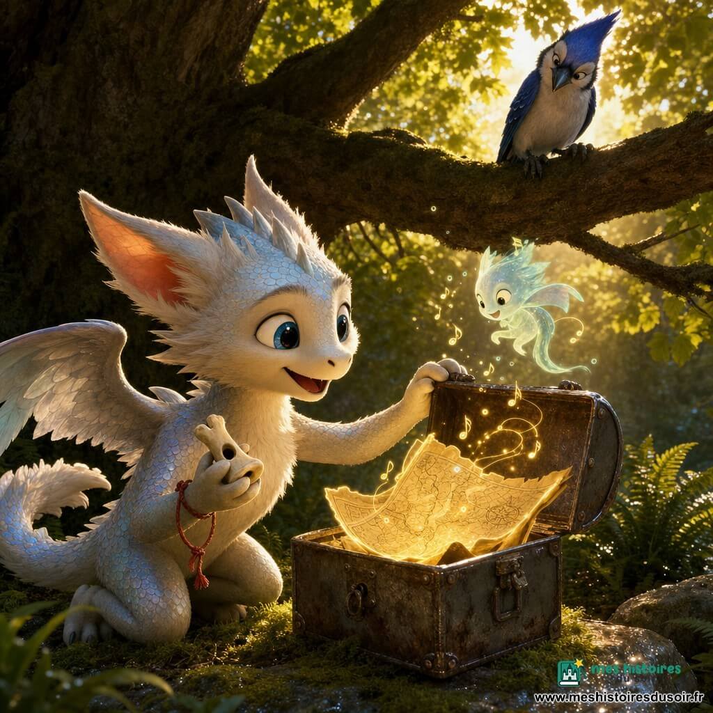 Lumo, petite créature mi-dragon mi-renard aux fines écailles nacrées, petites ailes plumées, oreilles pointues et queue souple, yeux grands et curieux, tient une boîte en métal cabossée d’où jaillit une carte lumineuse; à sa patte un sifflet en os et une ficelle rouge vibrante; un geai bleu vif, perché sur une branche du grand chêne, l’observe en inclinant la tête; un esprit d’écho translucide bleu pâle et jaune flotte au-dessus de la carte en émettant des notes lumineuses; la scène se situe dans une clairière mouillée après la pluie, mousse verte, fougères et rocher scintillant, rayons de soleil perçant entre les feuilles — ambiance douce, mystérieuse et joyeuse.