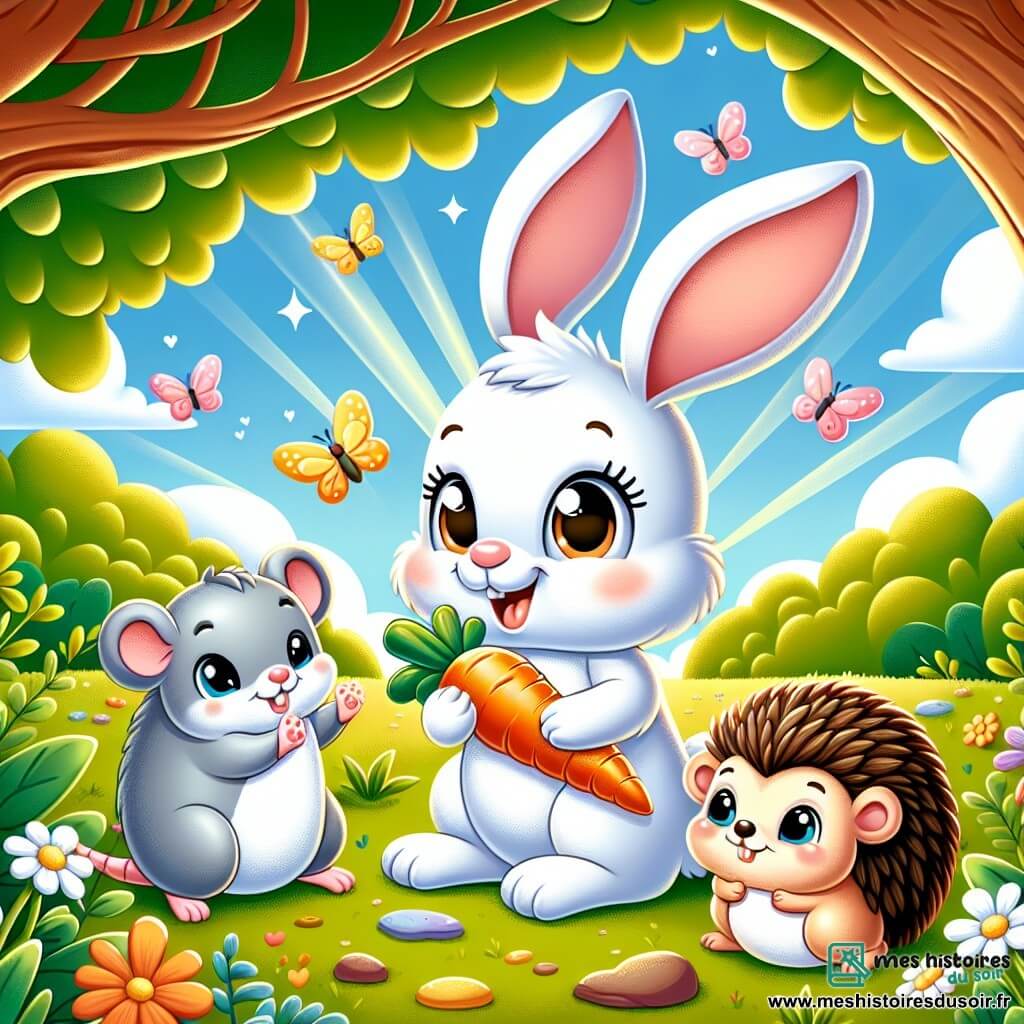 Illustration d'un lapin blanc joyeux avec une carotte, assis sous un arbre, entouré de verdure. À ses côtés, une souris grise célébrant et un hérisson souriant. Le jardin ensoleillé est rempli de fleurs, d'herbe verte et d'un ciel bleu. La scène montre le lapin retrouvant sa carotte avec ses amis, célébrant leur amitié. Des papillons et des rayons de soleil ajoutent une touche magique à cette scène joyeuse.