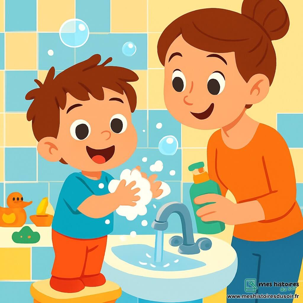 Léo, un petit garçon de 4 ans aux cheveux bruns en bataille et aux yeux malicieux, se tient sur un marchepied devant un lavabo. Il sourit joyeusement, les mains pleines de mousse blanche, tandis que sa maman, une femme souriante d'environ 30 ans aux cheveux châtains en chignon, l'observe avec fierté en tenant une bouteille de savon. Dans une salle de bain lumineuse et colorée, décorée de carrelages bleus et jaunes, Léo frotte ses mains avec enthousiasme, chantant une chanson sur les microbes, entouré de bulles de savon.