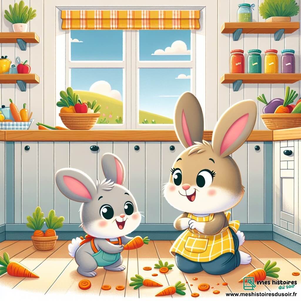 Illustration d'un petit lapin gris aux grandes oreilles et aux yeux joyeux, portant un tablier trop grand, ramassant des carottes sur le sol de la cuisine. À côté, une maman lapin douce avec un pelage brun et des yeux chaleureux sourit tendrement à son petit tout en tenant une carotte. La cuisine est lumineuse avec des murs en bois clair, une grande fenêtre et des étagères remplies de pots de confiture et de légumes. Le petit lapin aide sa maman à nettoyer le désordre de carottes, déterminé, tandis que sa maman l'encourage avec un sourire. L'ambiance est chaleureuse et joyeuse, évoquant l'amour entre un enfant et sa mère.