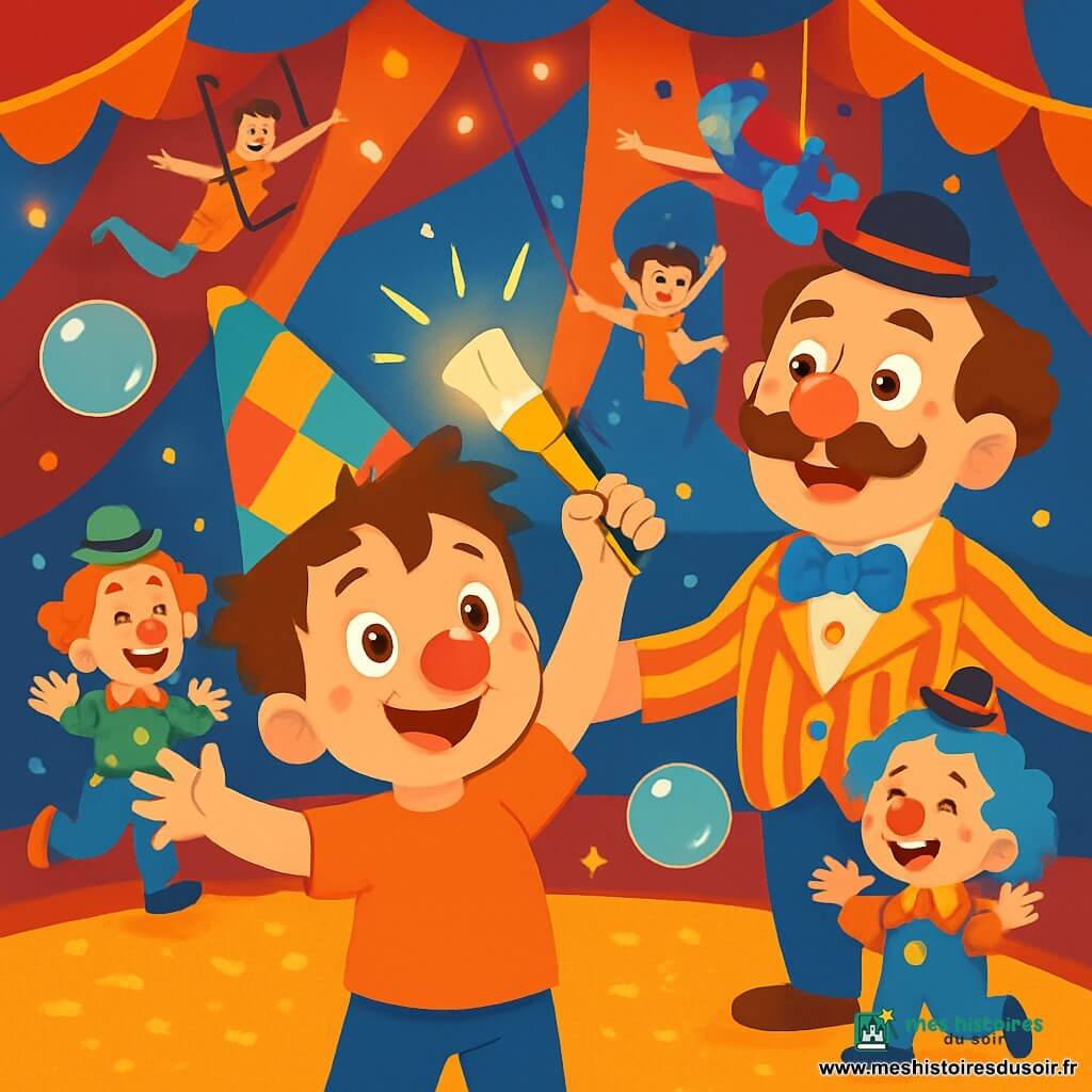 Léo, un petit garçon de 4 ans aux cheveux bruns en bataille et au grand sourire, porte un chapeau pointu multicolore et un nez rouge en plastique. Il se tient au centre de la piste du cirque, levant les bras avec une lampe torche scintillante. À ses côtés, Monsieur Pompon, un homme d'une cinquantaine d'années en costume de clown rayé, l'encourage avec admiration. En arrière-plan, des acrobates et des clowns colorés animent l'atmosphère festive du chapiteau, rempli de couleurs vives, de lumières scintillantes et de bulles géantes. Léo, le petit magicien, illumine la scène sombre avec sa lampe, provoquant rires et applaudissements du public émerveillé.