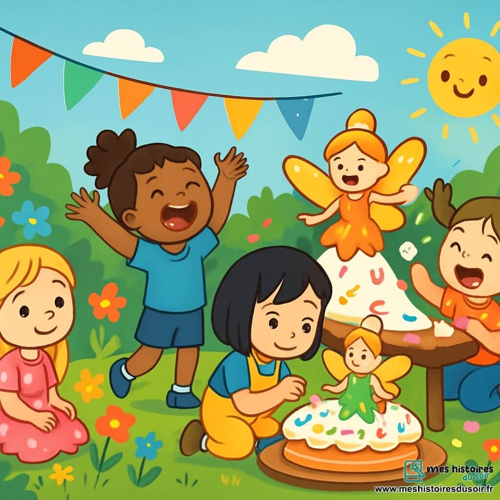 Quatre enfants préparent une fête pour les fées dans un jardin enchanté. Lily, 5 ans, admire les fleurs assise sur l'herbe, Mia chante joyeusement les bras levés, Zoé décore un gâteau en forme de fée, et Chloé glisse sur le gâteau en riant. Le jardin est rempli de fleurs multicolores et de guirlandes de papier, créant une ambiance joyeuse et magique.