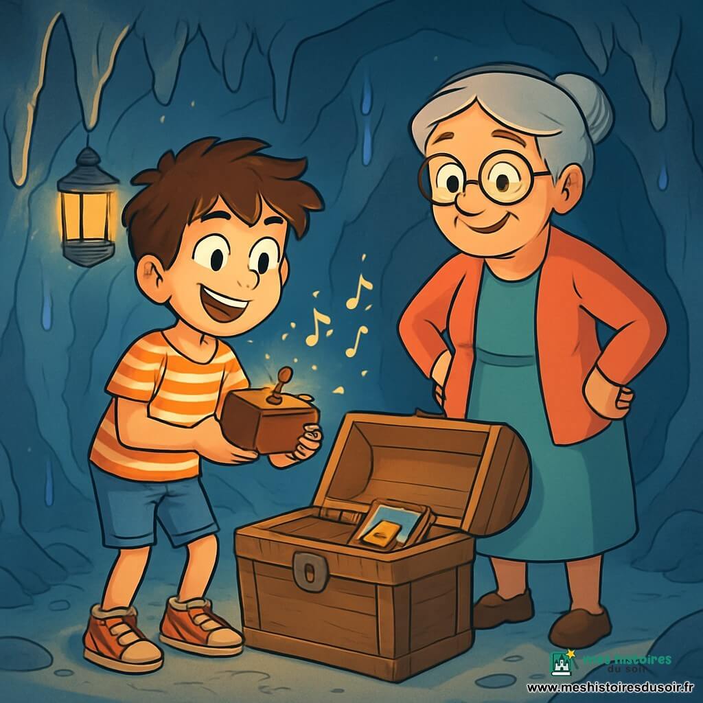 Un garçon de 12 ans, Éli, aux cheveux châtains en bataille et aux yeux curieux, se tient devant un coffre en bois ancien, excité. Il porte un t-shirt rayé, un short et des baskets usées, tenant une boîte musicale en bois. À ses côtés, Madame Azeline, une femme âgée d'environ 70 ans, aux cheveux gris et lunettes rondes, l'observe avec bienveillance. Ils se trouvent dans une grotte mystérieuse aux murs de pierre bleutée, éclairée par une lampe qui révèle des stalactites scintillantes. Éli s'apprête à ouvrir le coffre rempli de carnets et de trésors, tandis que des échos de mélodies flottent dans l'air, promettant des aventures.